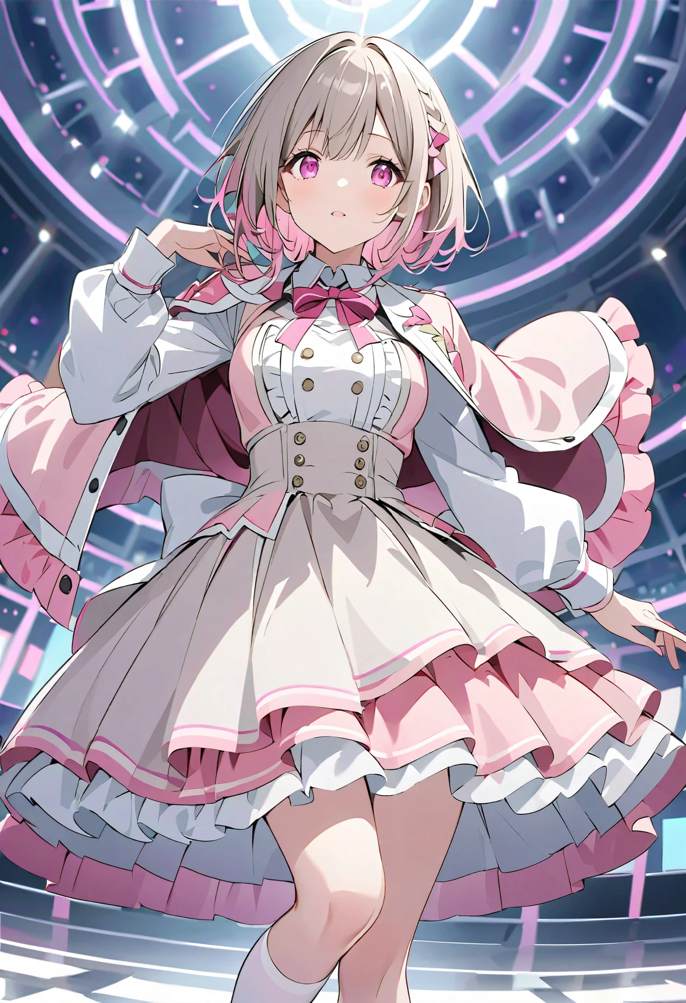 Gray Hair、Gray Hairに毛先はピンク、 pink long sleeve dress ロングスカート、 pink ribbon がついたWhite knee socksックス、Ruffles on shoulders、 pink ribbon 、 Idol Costume、White medium hair with pink tips 、Pink hair with pink tips、 pink long sleeve dress 、Beautiful Absolute Realm 、whole body、White knee socks、 pink long sleeve dress 、白く short hair 、Beautiful Absolute Realm 、Alone、 white knee socks with small pink bow、big white collar like a sailor suit 、Depiction of fine eyes 、 short hair 、