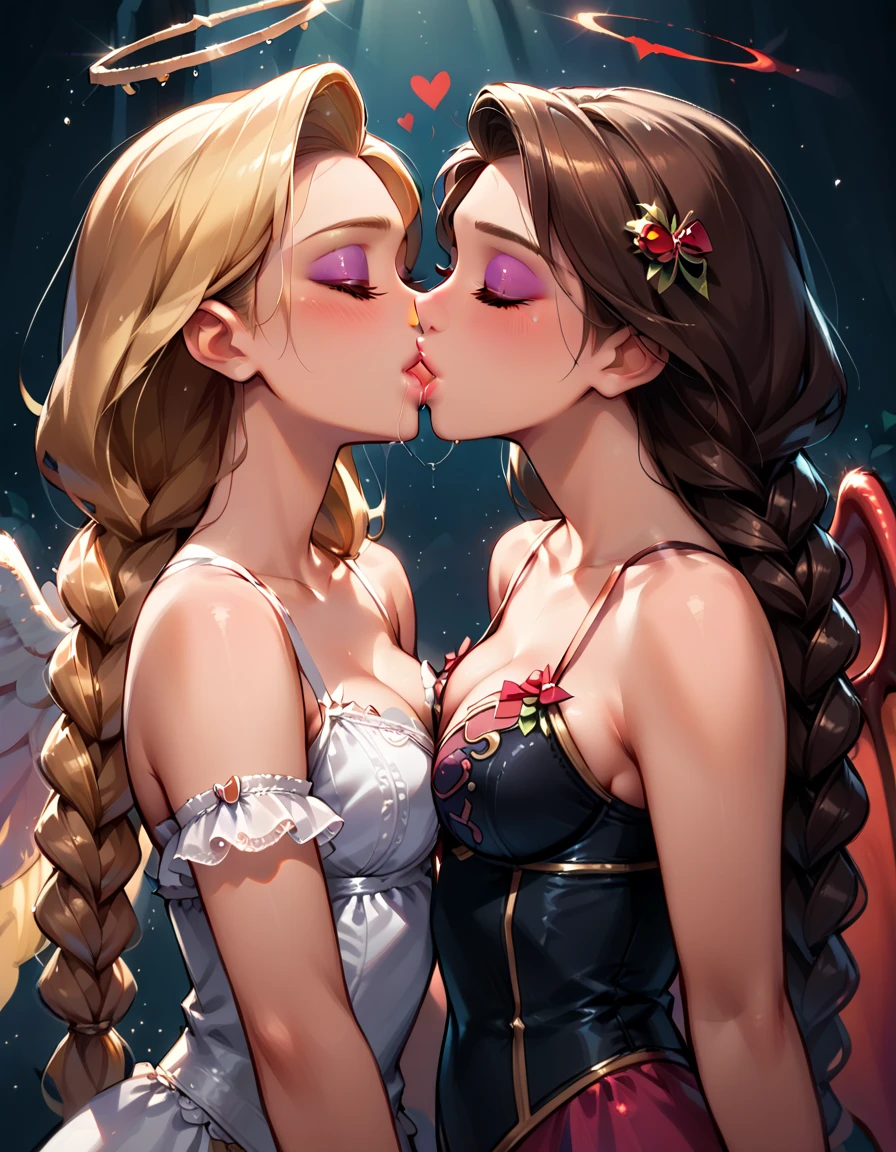 Female couple kissing naked woman on wedding stage, (SFW) Work, kissing together cutely, Girl Love Art, OPPEIN, Side milk, Slightly saggy big breasts, small breasts, (((Extra long yellow curly hair))), (((Straight hair with brown bangs on shoulders))), (girl love kiss), The mouth is very detailed, (girl love hug), touch her clothes, (touch her breasts), SFW version