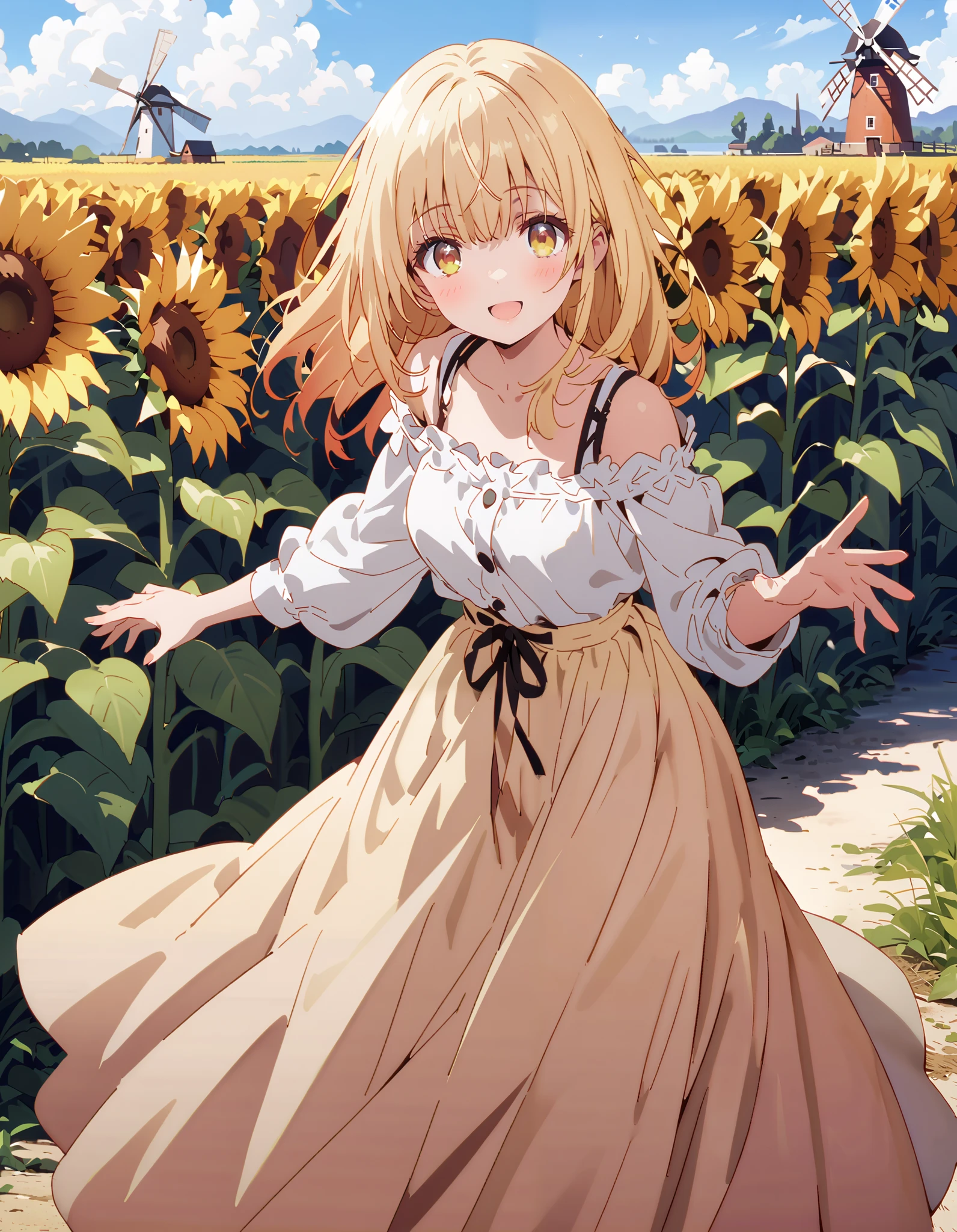 It's so dizzying, Mahiru Shiina, bangs, blonde hair, Hair, yellow eyes,smile,blush, open their mouths, half up, straw hat,Medium breast, Off Shoulder Dress, long skirt , Heeled Sandals, standing,whole bodyがイラストに入るように,
break looking at viewer,whole body,
break outdoors, Sunflower field, Compa,Large Lake,windmill,
break (masterpiece:1.2), best quality, high resolution, Unity 8K Wallpaper, (figure:0.8), ( precise and beautiful eyes:1.6), Highly Detailed Face , perfect lighting, very precise CG, ( perfect hand, perfect anatomy),