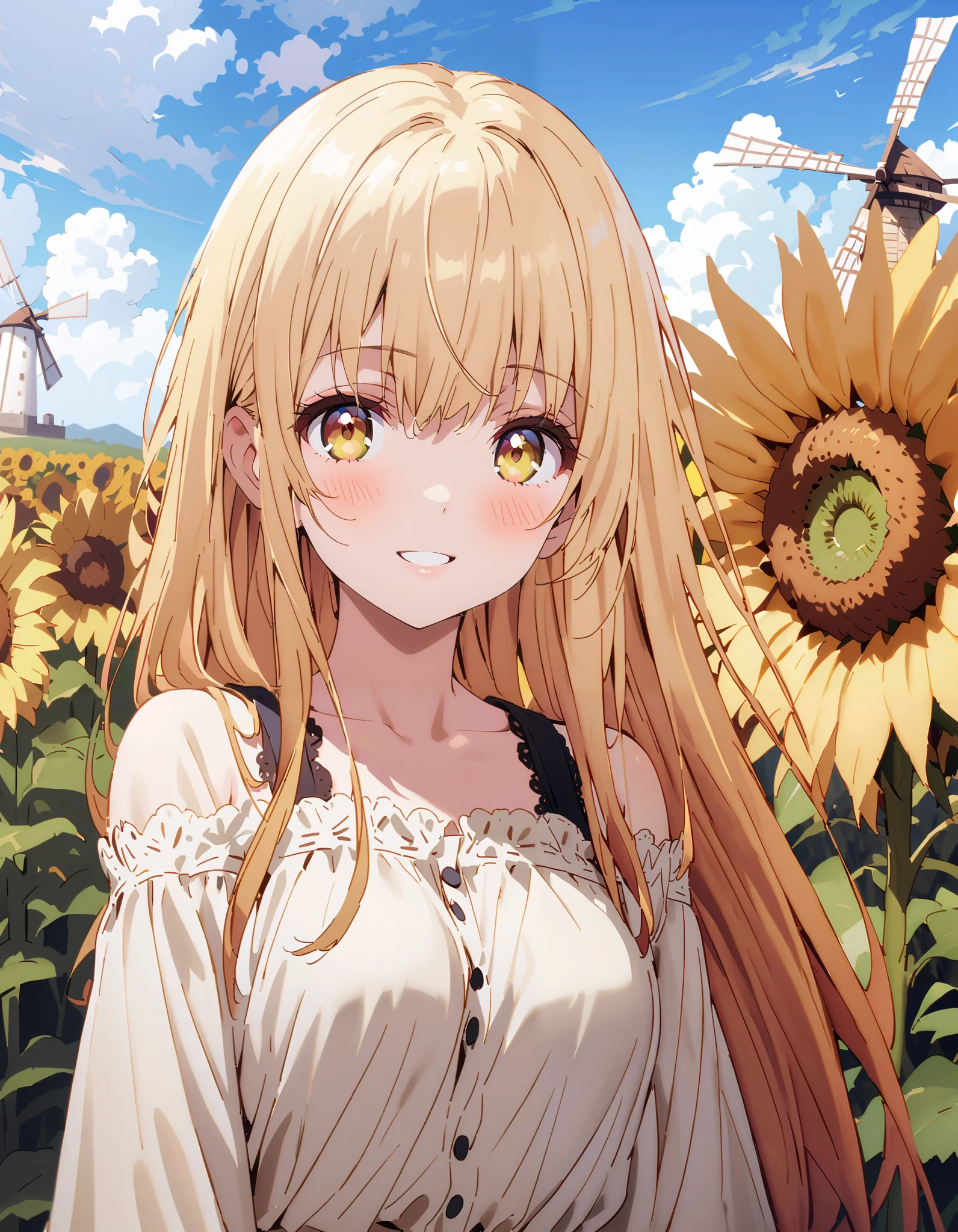 It's so dizzying, Mahiru Shiina, bangs, blonde hair, Hair, yellow eyes,smile,blush, open their mouths, half up, straw hat,Medium breast, Off Shoulder Dress, long skirt , Heeled Sandals, standing,whole bodyがイラストに入るように,
break looking at viewer,whole body,
break outdoors, Sunflower field, Compa,Large Lake,windmill,
break (masterpiece:1.2), best quality, high resolution, Unity 8K Wallpaper, (figure:0.8), ( precise and beautiful eyes:1.6), Highly Detailed Face , perfect lighting, very precise CG, ( perfect hand, perfect anatomy),