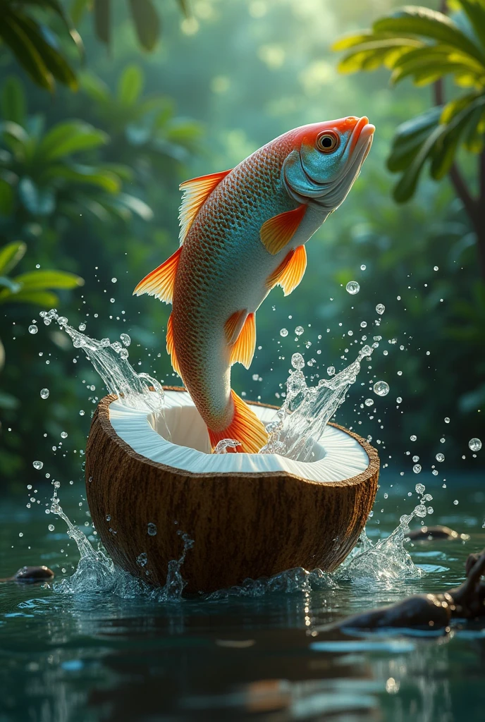 Create an image with a coconut and a fish plunging into it