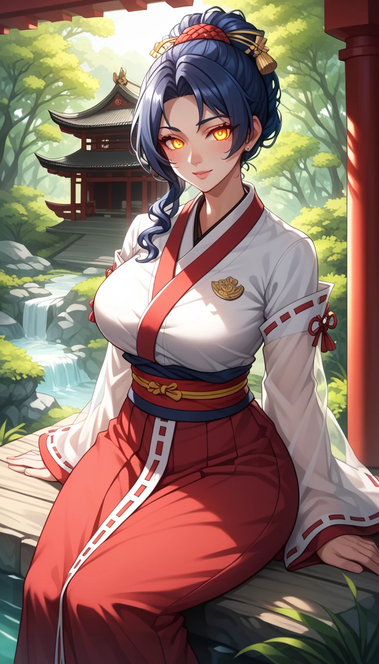(asura art style:0.7), score_9, score_8_up, score_7_up, score_6_up, uncensored, yor briar, black hair, sidelock, white hairband, red eyes, BREAK (masterpiece:1.2), best quality, high resolution, (detailed eyes:1.3), perfect lighting, (perfect hands, perfect anatomy), large breasts, One beautiful woman, kimono, bare shoulder, obi, Sitting, facing viewer, tori, blossoms, autumn, fog, hand support, 
