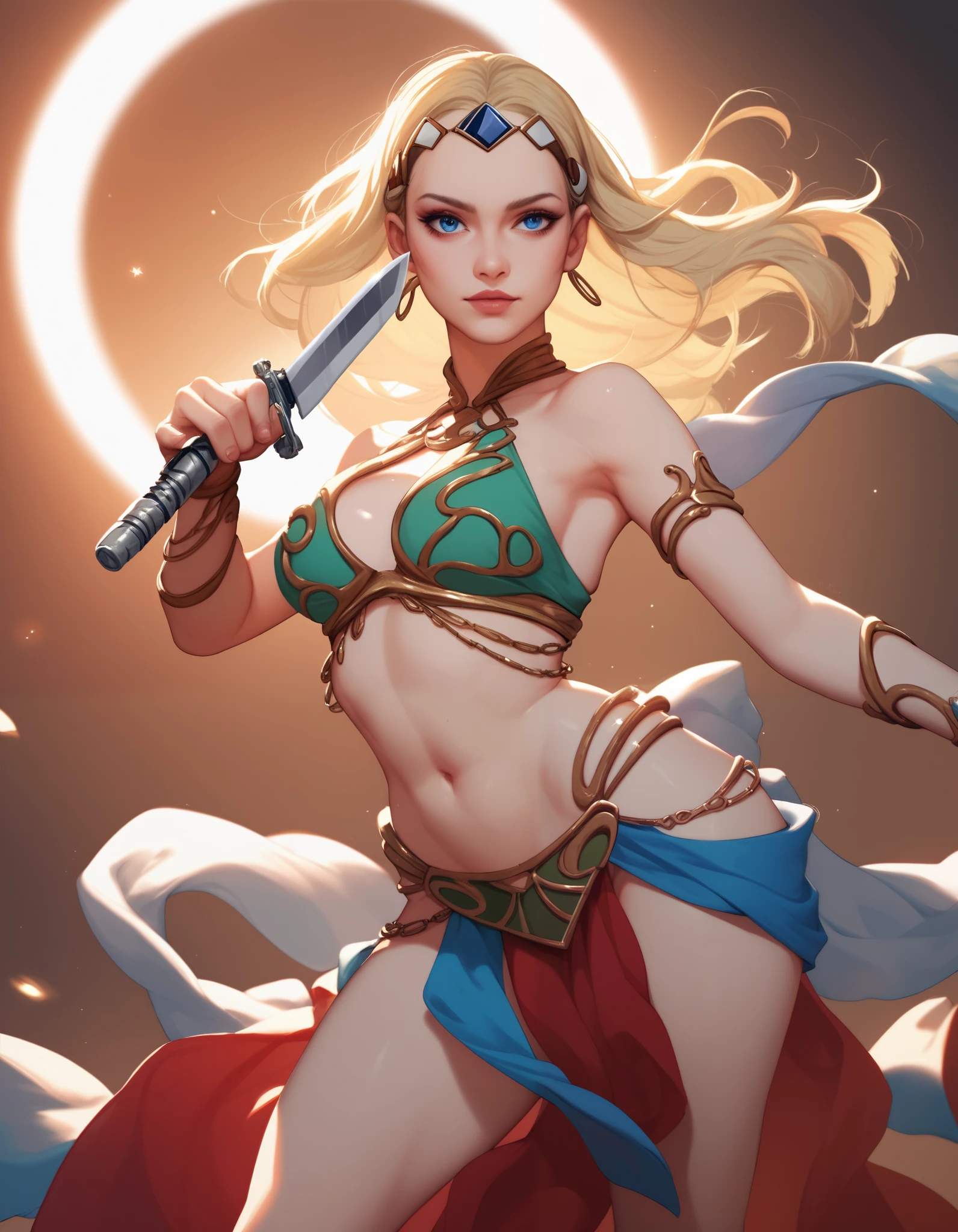 see through, dimples, blonde, see through, Heterochromia, Frontal view, Sunset, Sun'rays, 1girls, solo dance, Long hair, see the viewer, Long hair, navel, Holding, Jewelry, Medium breasts, Green eyes, Yellow eyes, High ponytail, arma, outdoors, Barefoot, solo focus, tag, midriff, Sword, holding weapon, armor, holding swords, straddle, Shoulder armor, light yarn, dual wielding, pauldrons, circle of the crone, desert, arabian clothes, see through mouth veil, head chain,gold mouth veil, blured background, foggy background, (rim-light:1.2), (back lit:1.2), crepuscular ray,