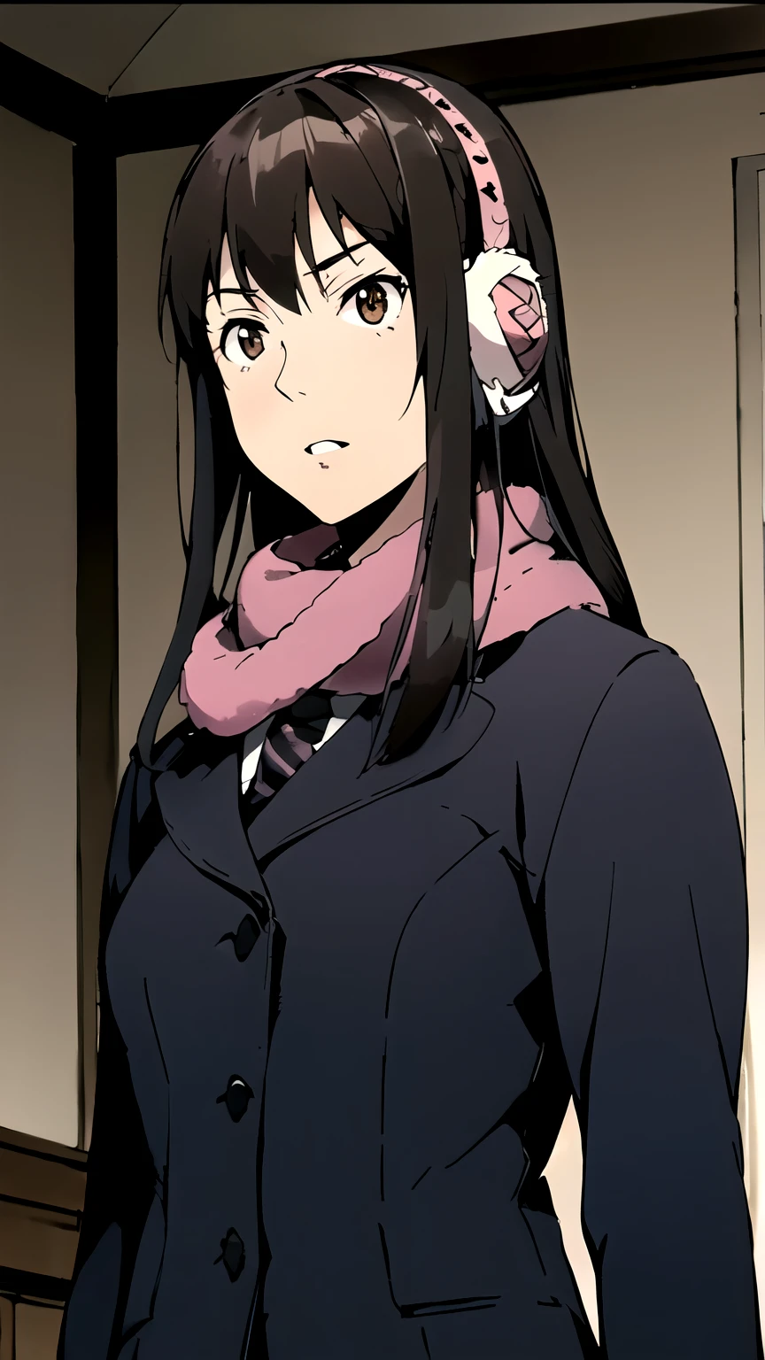 ((masterpiece,best quality)), {DATE_artstyle_LoRA : Manga_Style} {horror_edit : creepy_room_aura} {partially_monochrome} { (Kana Kimishima, hair long hair, brown eyes, dark hair, earmuff, perfectly_shape_breast : perfectly_slender_body : } { skirt, school uniform, jacket, blazer, winter uniform, otonokizaka school uniform, pink scarf } { } {standing_still} { no_emotion : hypnotic_eyes : hypnotized_eyes } { sweating } { } : dark : creepy otaku room : messy }