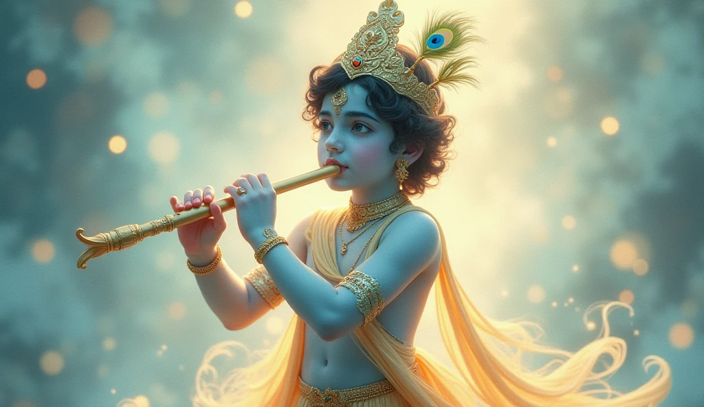 age Lord Krishna, with his deep dark blue complexion, stands in a serene, natural setting, playing a flute with effortless grace. The gentle melodies flow from his lips, creating an atmosphere of divine enchantment. A vibrant peacock feather adorns his head, adding a touch of regal elegance to his appearance. His eyes are closed in deep concentration, and his expression is one of serene bliss, as the flute’s music weaves through the air, captivating all who hear it. The scene is bathed in a soft, golden light, enhancing the mystical aura surrounding him.