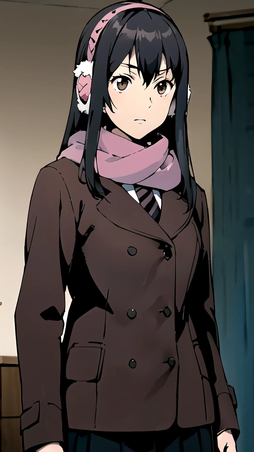 ((masterpiece,best quality)), {DATE_artstyle_LoRA : Manga_Style} {horror_edit : creepy_room_aura} {partially_monochrome} { (Kana Kimishima, hair long hair, brown eyes, dark hair, earmuff, perfectly_shape_breast : perfectly_slender_body : } { skirt, school uniform, jacket, blazer, winter uniform, otonokizaka school uniform, pink scarf } { } {standing_still} { no_emotion : hypnotic_eyes : hypnotized_eyes } { sweating } { } : dark : creepy otaku room : messy }