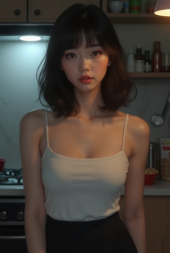 An Asian girl,(best qualtiy,8K,tmasterpiece:1.3),Goose egg face,largeeyes,Exquisite(live-action realistic style),Ultimate face,Photorealistic light and shadow,Clear facial features,Milky white skin, highdetailskin, Visible Pore,(Super detail),Petite body,perfect body type,Carmelto, full bodyesbian, wearing a white apron,(Super detail),((dynamicposes)cooking a,Expose the collarbone,Only an apron was worn,Fold your hands to your chest:1.3),(Cinematic graphics(Photorealistic light and shadow)),Pink kitchenware,((Dynamic background((foggy atmosphere))
