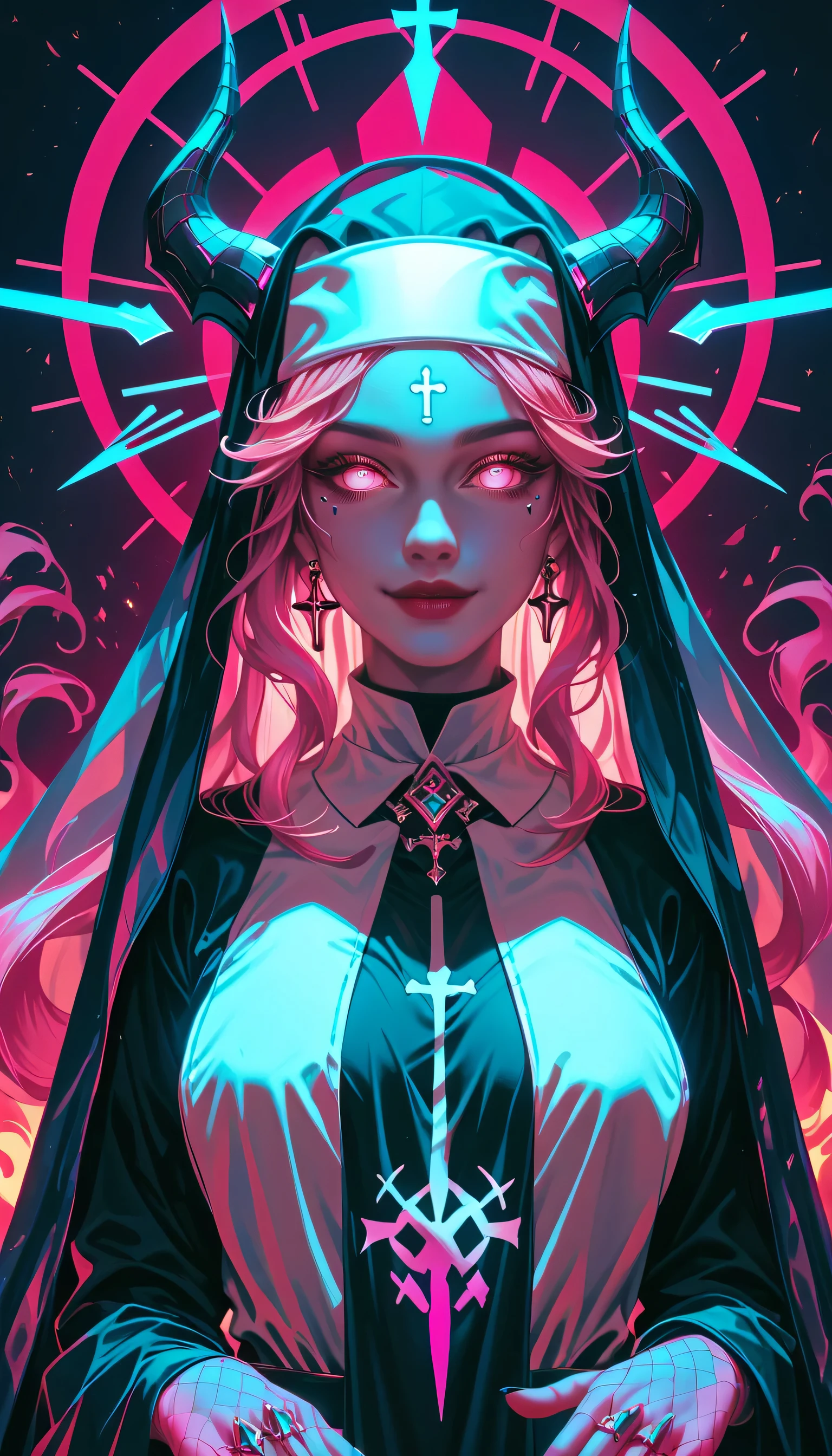 (limited palette:neon pink and blue ),sexy nun, android, black woman, big bare chested, devil horns \(large\), highly detailed, dmt, witch, geodes, glowing eyes, light flowing ,fire flowing glowing water, crystals, metal, 