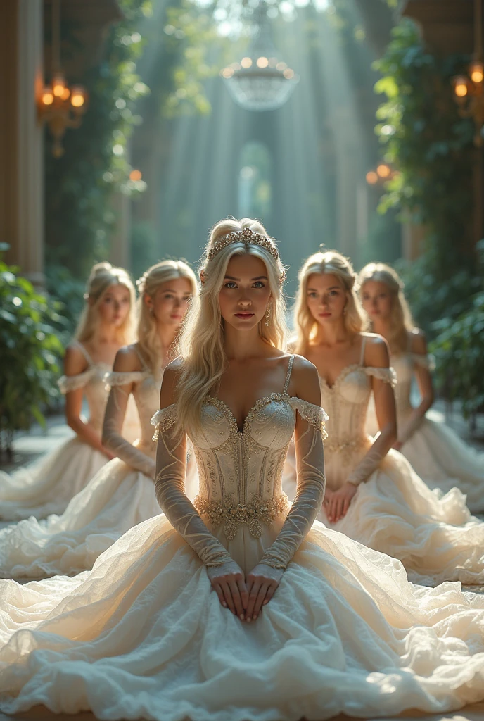 "A full-body shot of a realistic fairytale scene in a magical palace in a beautiful magical forrest, bathed in sunlighting."Beautiful pastel colour pallette." "A fairy queen1 with realistic striking big blue eyes with eye makeup and a serious, direct gaze at the camera with golden extra long hair and perfect shaped pearly white teeth and pursed lips." " A Fairy queen2 with golden-brown long curly hair in a thin light blue dress is dancing with arms up in the air." "Twirling and dancing fairy princess with a long white hair in a sheer golden wet transparent dress outfit, big breasts, thin waist, big butt, looks provocative with her mouth almost sedusive at fairy queen2 laughing." "The lighting is natural and bright, highlighting their features and casting a soft glow around their hair, creating a high-contrast effect that emphasizes the subject's presence. " "A white rapid sits in on a decorative dining table" "while a rainbow colored bird perches on the top of the thin royal thrown". The realistic scene includes a strikingly beautiful fairy queens and a princesse in a beautiful and magical forrest palace. "The vast environment paints a magical but weird admosphere". # Configuration settings clip_guidance_scale = 20 # High adherence to the detailed prompt, emphasizing facial features hr_scale = 2.0 # High resolution to capture intricate details in the hair and face. hr scale =2.0 # Perfect human female body. Best hands 1:1, super realistic hair 1:1, hyper realistic eyes 1:1, extra detailed delicate moist skin, most detaled and realistic face 1:1. #A realistic stage with thorough details and clear focus on the queens.