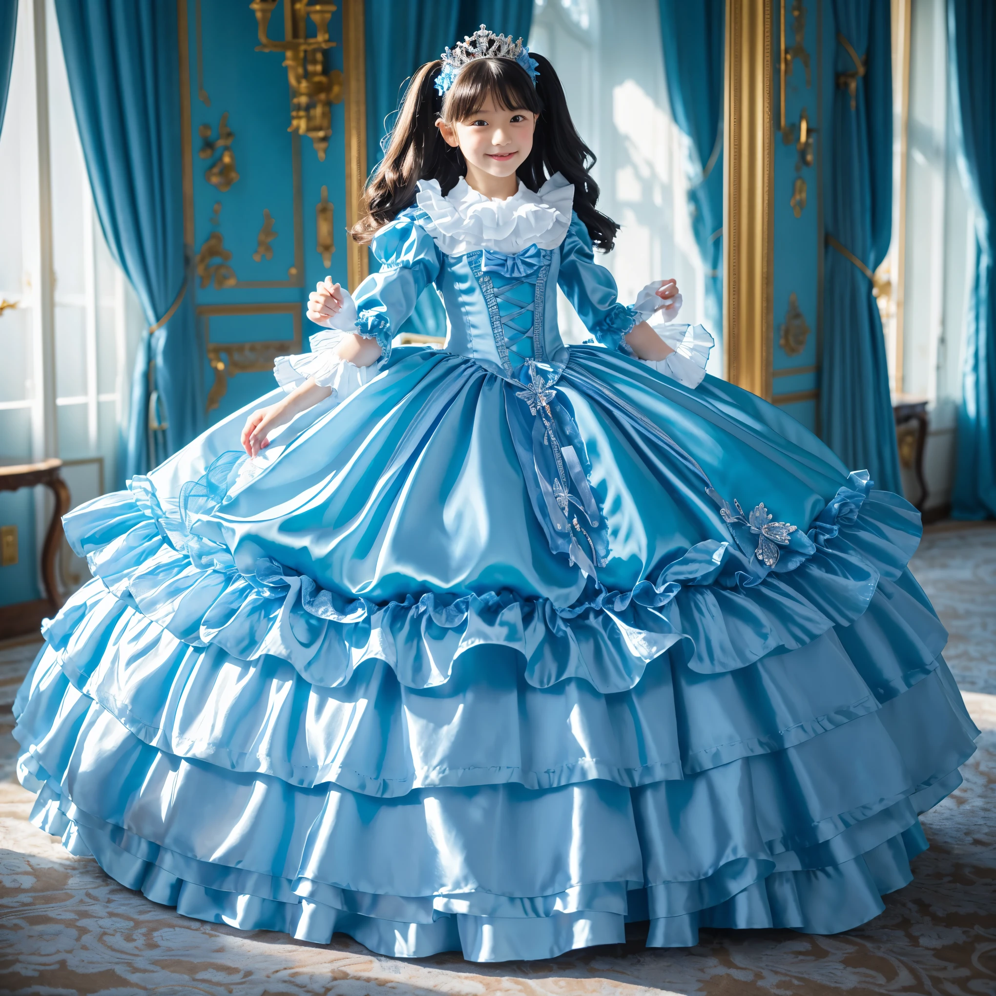 highest quality, masterpiece, highest resolution, artwork, super それにget used to it, many get used to it, get used to it, それにget used to it, 3k realistic pictures,,(( girls)),Ultra-detailed juvenile face,ultra-detailed beautiful little,girls are princess,full length ball gown dress with hoop skirt,ruffled yoke collar,puff sleeves,long sleeve,((Lolita style light blue detailed princess satin dress with lots of ruffles and ribbons)),Rococo style lolita fashion,shiny satin dress,Soft and smooth fabric,detailed princess dress,luxury,long blonde hair,blue eyes,white skin european,Pajama,((in the bedroom of the palace)),luxury princess canopy king size pink bed,shiny satin sheets,ultra-detailed princess bed,High-quality background,lot of frilled pillows,on the bed,