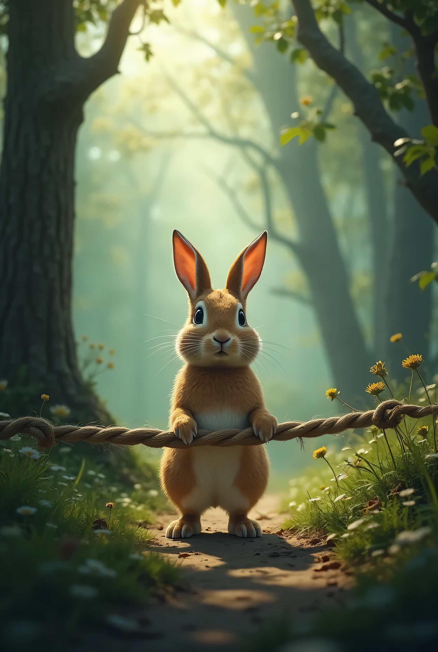 There is a rabbit that is standing on a stick in the woods - SeaArt AI