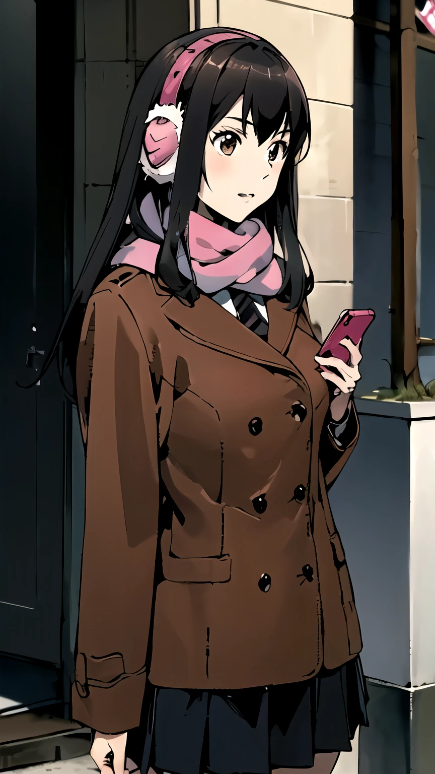 ((masterpiece,best quality)), {DATE_artstyle_LoRA : Manga_Style} {horror_edit : creepy_room_aura} {partially_monochrome} { (Kana Kimishima, hair long hair, brown eyes, dark hair, earmuff, perfectly_shape_breast : perfectly_slender_body : } { skirt, school uniform, jacket, blazer, winter uniform, otonokizaka school uniform, pink scarf } { } {standing_still} { looking_at_phone : phone_in_hand } { } { } : outside : town }