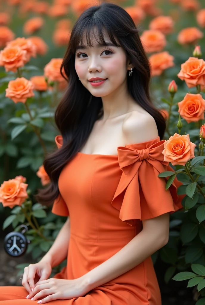 a beautiful Indonesian woman, smooth white skin, well-groomed face,top bun hair, Korean style with bangs, ,wearing a knee length orange dress,left and right sleeves with beautiful ribbons, ,holding a bouquet of orange roses, ,black watch, white shoes, Sitting pose, di rerimbunan bunga mawar, orange-red color that flowers beautifully and densely. Rose garden background, beautiful very amazing .Realistic original photo