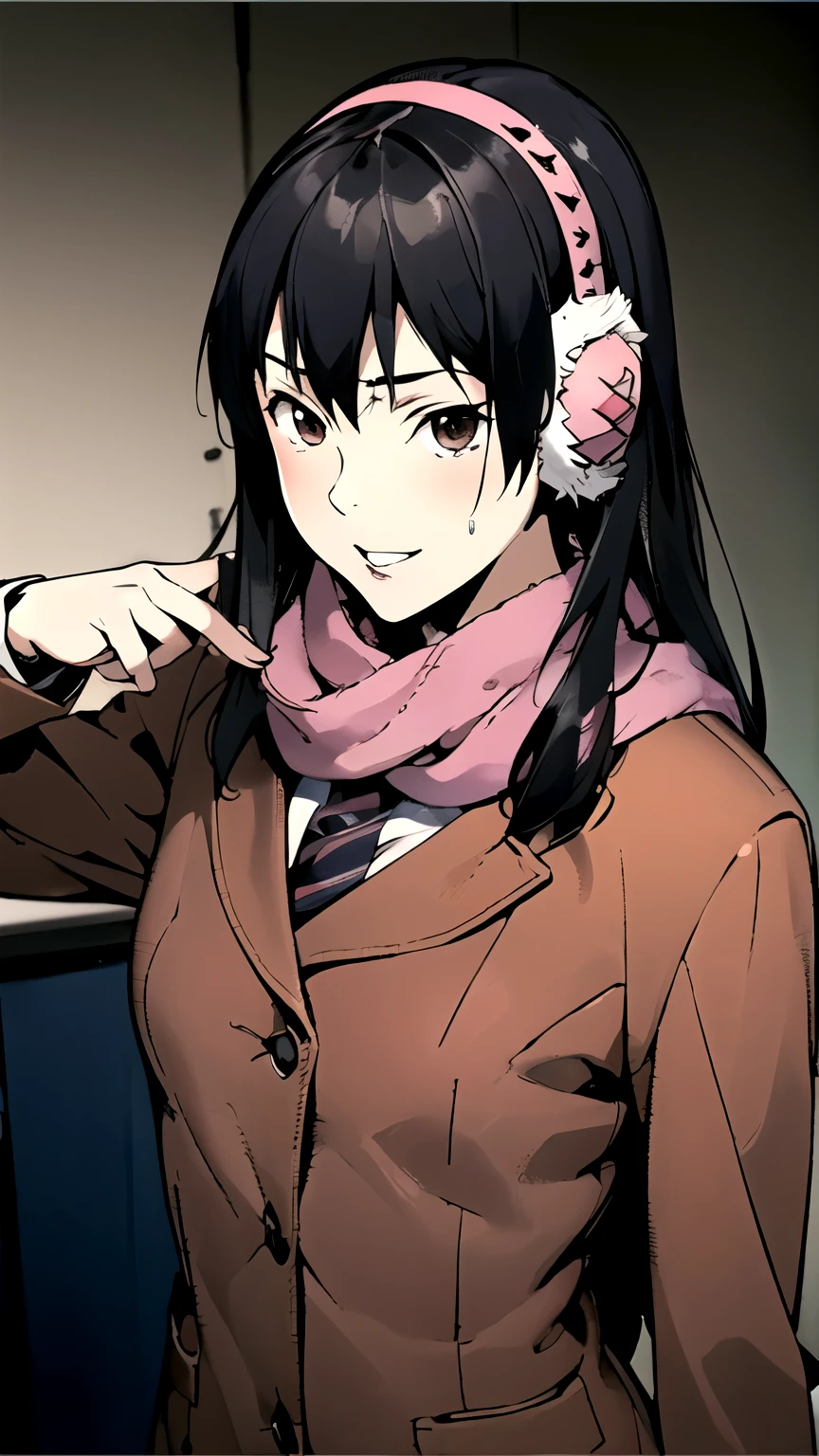 ((masterpiece,best quality)), {DATE_artstyle_LoRA : Manga_Style} {horror_edit : creepy_room_aura} {partially_monochrome} { (Kana Kimishima, hair long hair, brown eyes, dark hair, earmuff, perfectly_shape_breast : perfectly_slender_body : } { skirt, school uniform, jacket, blazer, winter uniform, otonokizaka school uniform, pink scarf } { shushing : finger_on_lips } {standing_still} { creepy_smile : wide_smile : evil : possessed : pervert } { sweating } { } : dark : creepy otaku room : messy }