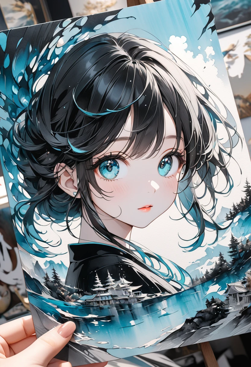beautiful girl with starry eyes, long black hair, blue accessories, wearing a beautiful pretty blue dress