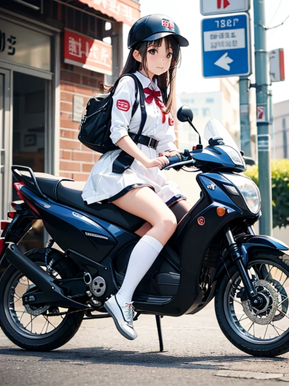 Japan schoolgirl riding motorcycle,super mini skirt、white panties、Happy!!!, , motorcycle,[ realistic pictures ]!!, High resolution,No sleeve、white panties