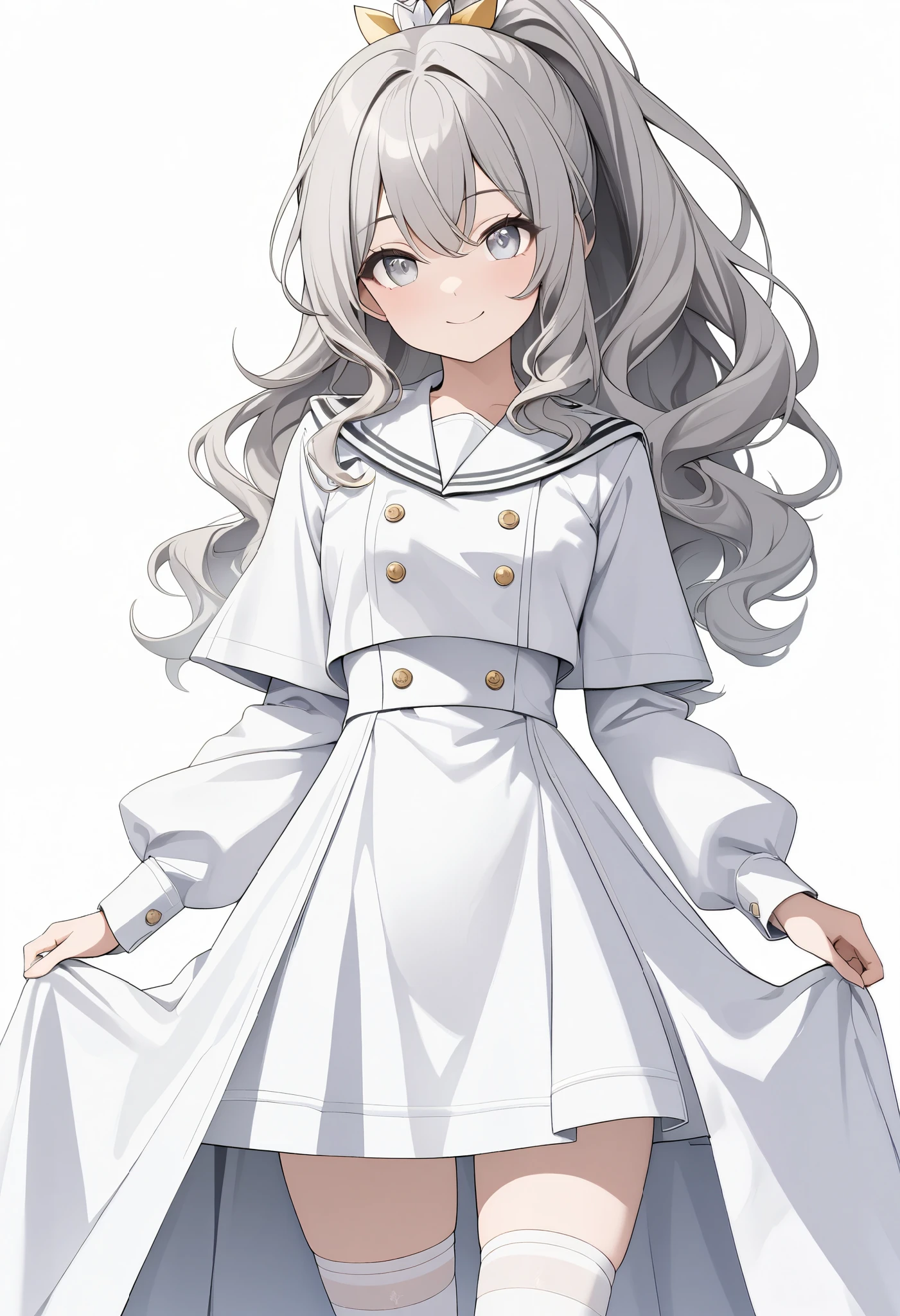 {{masterpiece、 attention to detail, perfect eyes}}、(( white background、from front, medium shot、 cowboy shot、 eye level shot 、Solo Shot)) 1 girl、(Gray Hair、wavy hair 、 ponytail、 hair ornament)、 white eyes、Standing、smile、 white sailor dress、white garter socks 、 long boots