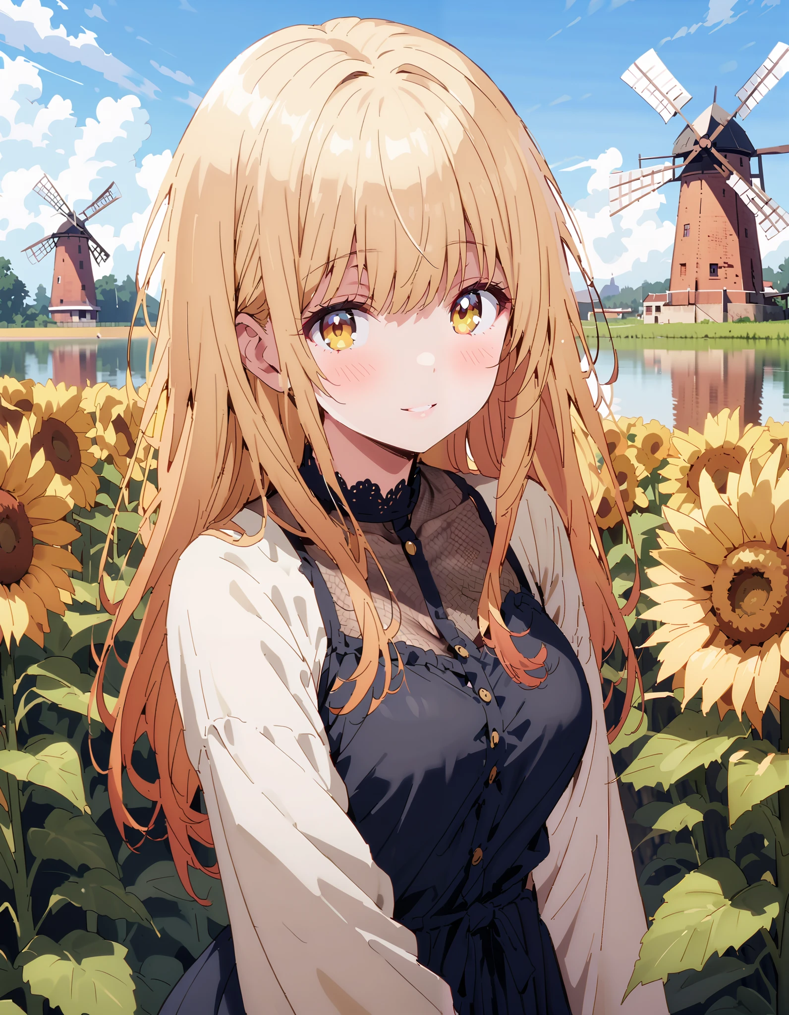 It's so dizzying, Mahiru Shiina, bangs, blonde hair, Hair, yellow eyes,smile,blush, open their mouths, half up, straw hat,Medium breast, Off Shoulder Dress, long skirt , Heeled Sandals, standing,whole bodyがイラストに入るように,
break looking at viewer,whole body,
break outdoors, Sunflower field, Compa,Large Lake,windmill,
break (masterpiece:1.2), best quality , kampala,unity 8k 壁紙,(shape:0.8),( fine, beautiful eyes :1.6),It's a person ,whole body写真,CG Details , ( perfect hand, complete anatomy),
