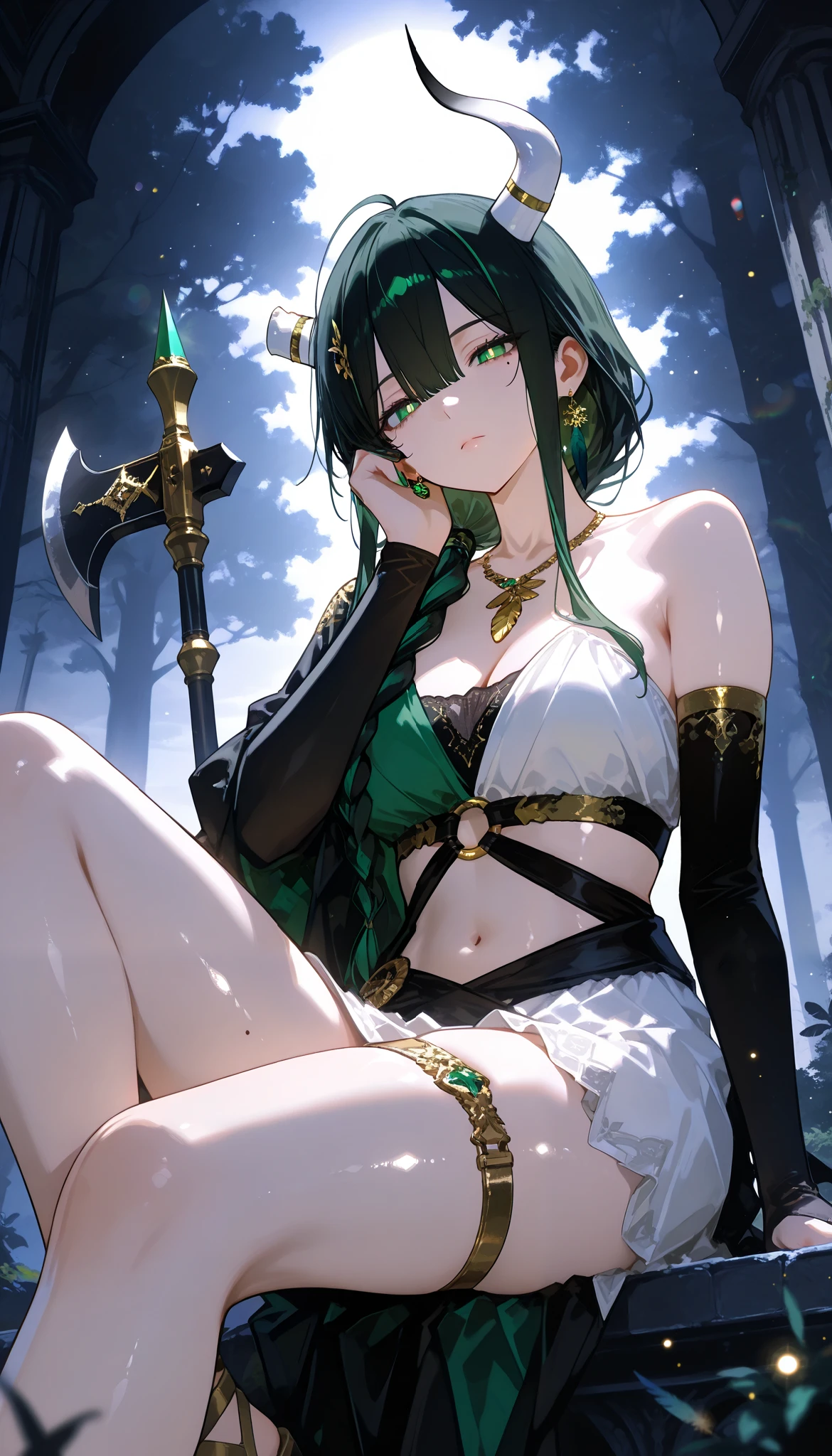 Score_9, Score_8_up, Score_7_up, source_anime, official art,anime artwork,manhwa style, depth of field,blurry foreground,ray tracing,light particles,lens flare,cinematic lighting,absurdres,high details, zodiac-theme taurus, 1girl,solo,adult,mature woman, very long hair, black hair, hair between eyes, Ahoge, long bangs, hair ornament, braid, braided sidelocks, (mole under left eye:1.2), low ponytail on shoulder, green eyes, bright pupils, green nails polish, feathers earrings, feathers necklace, white horn, half-demon horn, broken horn, expressionless, shiny skin,medium breasts,cleavage,collarbone,single bare shoulder,thighs,legs, dress, black and white dress, multicolored dress, gold accents, (o-ring:1.1), cleavage, collarbone, single bare shoulder, midriff, navel, bridal gauntlets, short dress, thigh strap, medieval sandals, medieval world,majestic and massive world tree,a beautiful massive tree,in the ruins,dark atmosphere,mysterious atmosphere,sunrise,outdoors, sitting on the broken throne beside the tree,pose,elbow support,hand on cheek,open legs,legs on level, a weapon,battle-axe with very long handle,taurus battle-axe on her side,black and green battle-axe, detailed eyes,beautiful lighting,beautiful shadows, perfect anatomy,perfect body,mature body, (748cmstyle),(m18+,mfant,mgirly),looking at viewer,front view,from side,from below, majestic queen,taurus zodiac queen,wallpaper,
,masterpiece, best quality, newest,