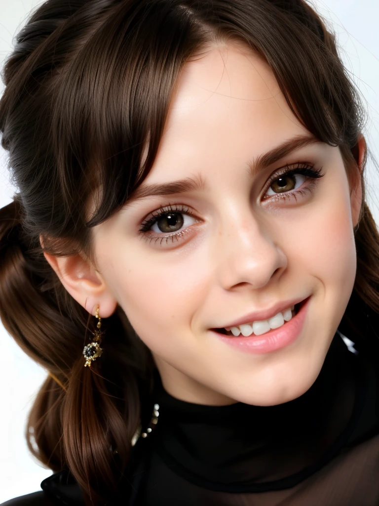 little Emma Watson, cosplay on Hermione, maximum close-up, flirting smile, vulgar, black hair, perfect figure, black pigtails, detailed eyes, looking at the viewer, big breasts, tight bodysuit, pain, screaming, bound, crying, screaming, swimsuit, naked torso, legs apart, transparent clothes, 1 girl, high detail, eating candy, 4k, flirting with the camera