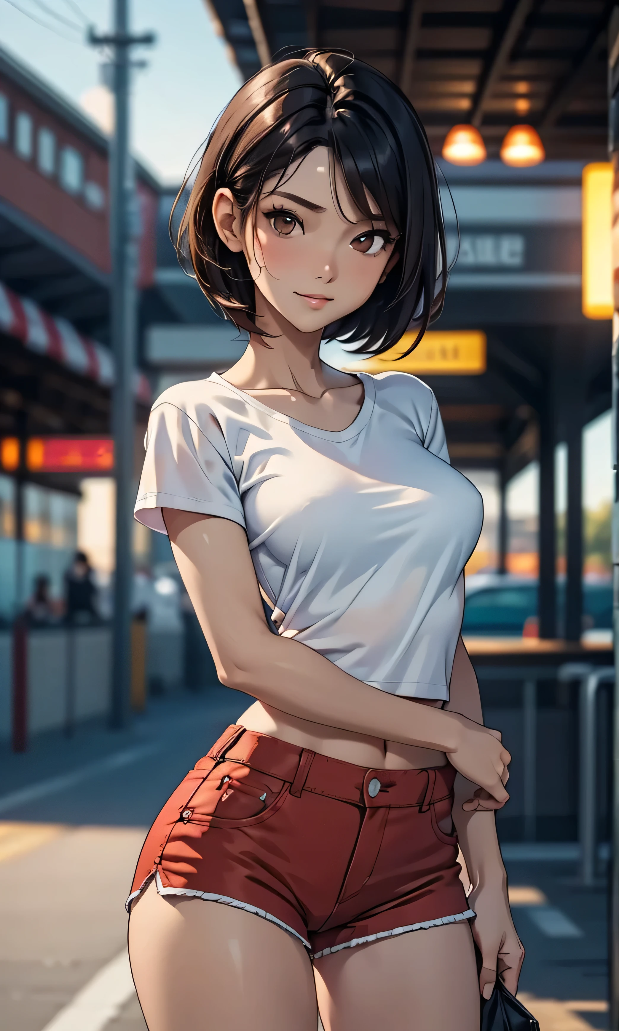 masterpiece, high detail, A girl slim y alta, babe, A girl, young, slim, beautiful, head on, looking at the spectator, black hair, short hair, brown eyes, medium black, pecho mediano, white t-shirt , red shorts, textured skin , sexy pose, outdoor,