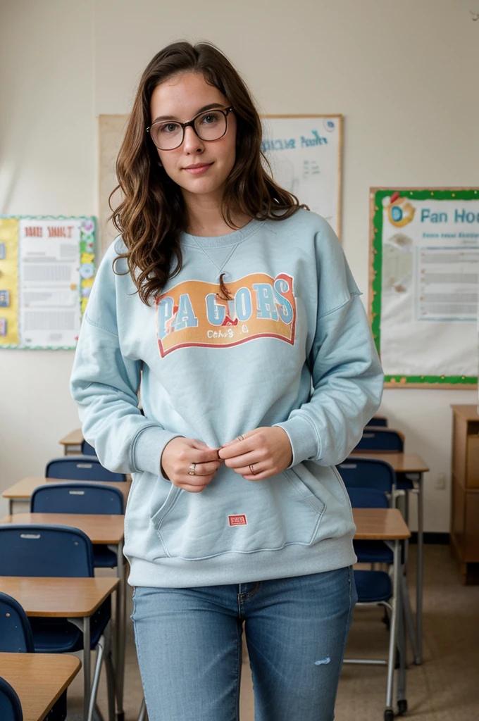 Photo of Jenna Ortega in a hoodie, pleated_skirt, exposed_genitalia, alone, blue eyes, reverse bob haircut, hyper detailed, Looking at Viewer, Hourglass Body, muscular, cozy atmosphere, classroom, photography, Photo Session, Captured by Panavision Panaflex Platinum Camera with Panavision Primo Primes Spherical Lens 50mm T1.9