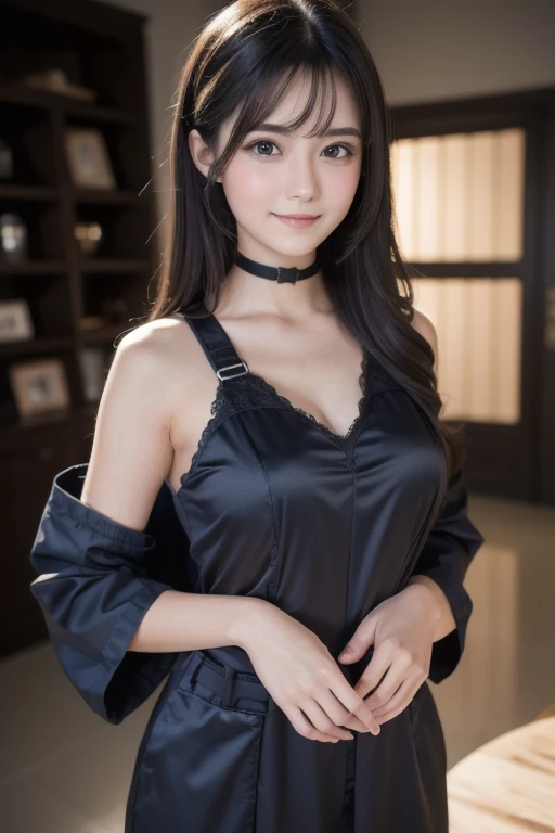Highest quality, Ultra high definition, masterpiece, Detailed Description, Soft skin texture,Soft and sexy lips,Lip gloss, Shiny black hair, Shining, mysterious eyes that store light,, look up, Upper Body, cute,sexy mana, ((See-through(Frilled shirt: 0.8)), smile, 8K RAW Photos, Octane Rendering, Depth of written boundary,