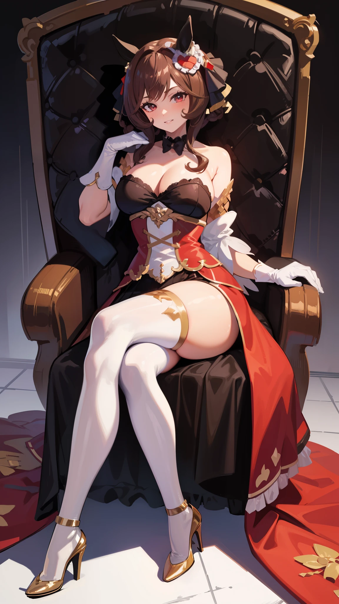 Ganyu, sitting on the throne, acting like queen, looks at the viewer with supernality, looks arrogantly at the viewer, looks proudly at the viewer, considers the viewer pathetic, looks at his slave, has the viewer in slaves, holds the viewer on a leash, crossed legs, proud smile , pokes her heel at the camera, wants her heel to be licked, mistress, looks like a mistress, looks with mockery, fullbody perfect body, heels, mocking smile ,white hels, black pantyhose ,pointing heels in camera to be licked,high res, masterpiece,high quality,detailed face,she is mistress of pathetic viewer,looking in camera at her pathetic slave, large breasts,sexy