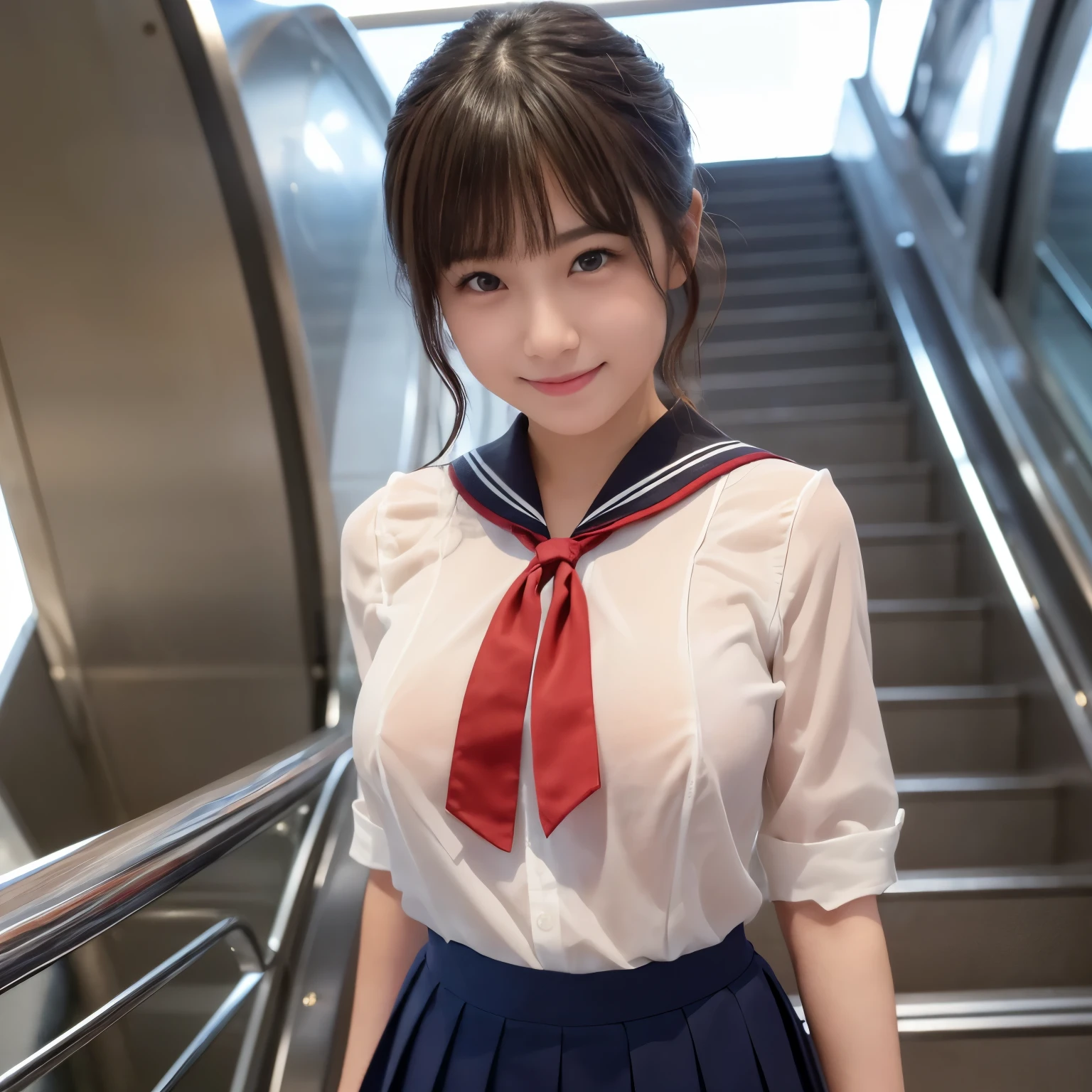 ((  escalator))、lewd smile、( is present、 photorealistic :1.37)、(masterpiece)、( top quality:1.4)、( super high resolution:1.2)、( RAW photos :1.2)、( sharp concentration:1.3)、(stand:1.2)、 elegant、( full-body lesbians:1.2)、( girl in an elaborate sailor suit and pleated skirt :1.3)、 cute japanese girl、(smile:1.3)、( makes her hair shine:1.3)、  brown hair、 bob cut、  short pleated skirt、.((( is a sailor suit on the upper body))) (Big Breasts:1.2),  escalatorの下から撮影、 beautiful and delicate eyes、  saw beholder 、  escalatorの最下段から見上げるアングルで撮影、  secretly take a picture of the inside of the skirt.((( looking at camera))).((( Lower Body Naked))).(((Blouse on the upper body)))