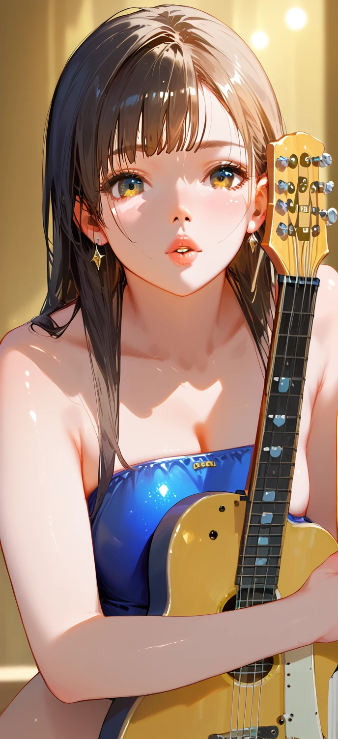 Japanese, (so beautiful)、(Beautiful ふace:1.5)、(Detailed face:1.5)、(Detailed eyes:1.1)、(Detailed lips:1.1)、(Detailed nose:1.1)、(plays the guitar:1.5)、(guitar:1.5)、(on stage at a rock concert:1.3)、(((nsfw)))、Ponytail hairstyle、Blonde、live house、（completely nude:1.7）(((upper body)))、Singing