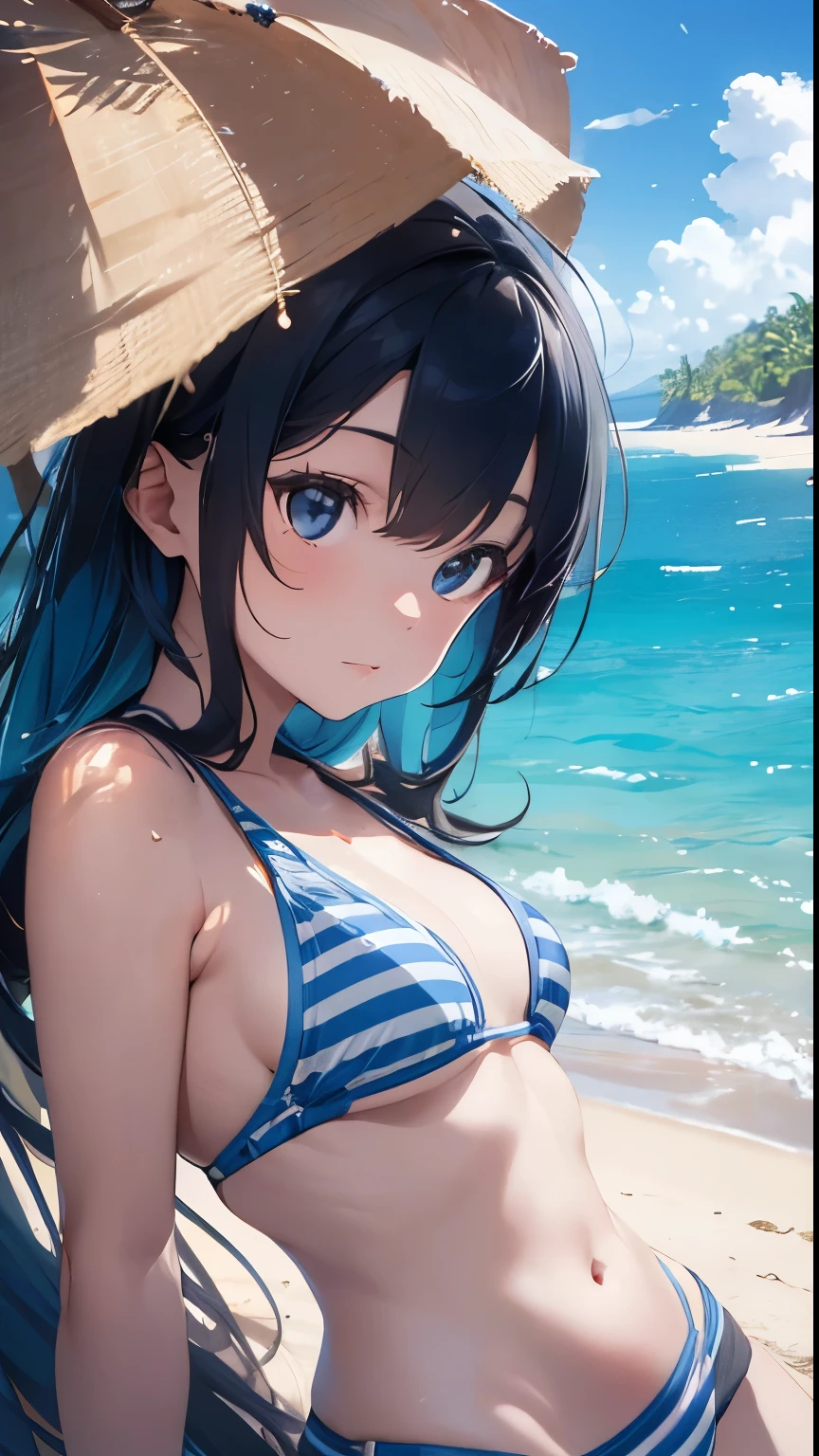 (Highest quality、Masterpiece ∶1.2)One Girl、alone、アニメ、アニメScreencap、Ray Tracing、Global Illumination、ultra hi resolution picture、Bright colors、Cinematic Light、Lens flare、Light on the face、Glowing Eyes、Depth of written boundary、Detailed Background、cute、Straight、smile、View your viewers、Outdoor、Sandy Beach、Ocean、Clear skies、Osaka Sizuku、Long Hair、Red hair ribbon、Blue eyes、Black Hair、Straight hair、Nijigasaki University、Light blue bikini、Blow a kiss with your right hand、whole body、Big Breasts