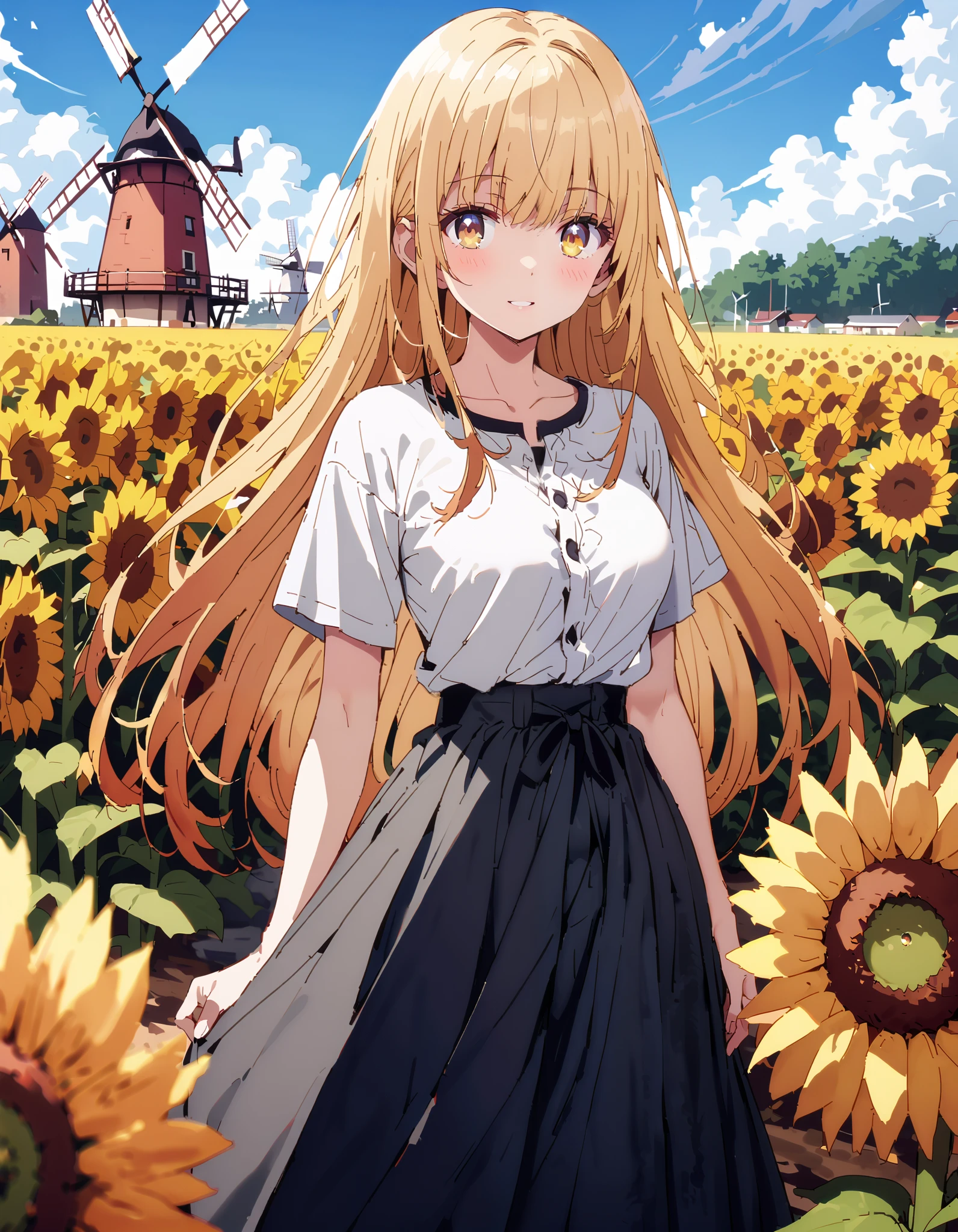 It's so dizzying, Mahiru Shiina,Alone, bangs, blonde hair, Hair, yellow eyes,smile,blush, open their mouths, half up, straw hat,Medium breast, Off Shoulder Dress,Short sleeve, long skirt , Heeled Sandals, standing,whole bodyがイラストに入るように,
break looking at viewer,whole body,
break outdoors, Sunflower field, Compa,Large Lake,windmill,
break (masterpiece:1.2), best quality , kampala,unity 8k 壁紙,(shape:0.8),( fine, beautiful eyes :1.6),It's a person ,whole body写真,CG Details , ( perfect hand, complete anatomy),