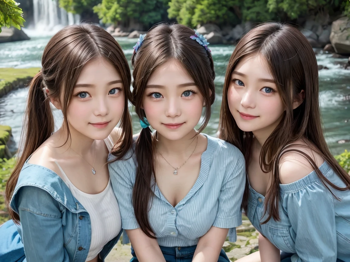 ( 3 girls),smile、Look into the camera、Diamond necklace、Braided hair, random colored tank top、The material is smooth and flexible.、exposed upper arms、Blue-green striped knee-length socks Extra long twin tail hair、close range shooting、Flower Hair Ornaments、Blindfold、Garter、 Masterpiece, Highest quality, 8ก, beautiful girl, young face、 photography, Cute face, thigh, waterfall,、รอยsmile、small waist, blue eyes(((The chest is erect.:1.0)))(((round chest:1.0)))(round chestใหญ่:1.9),