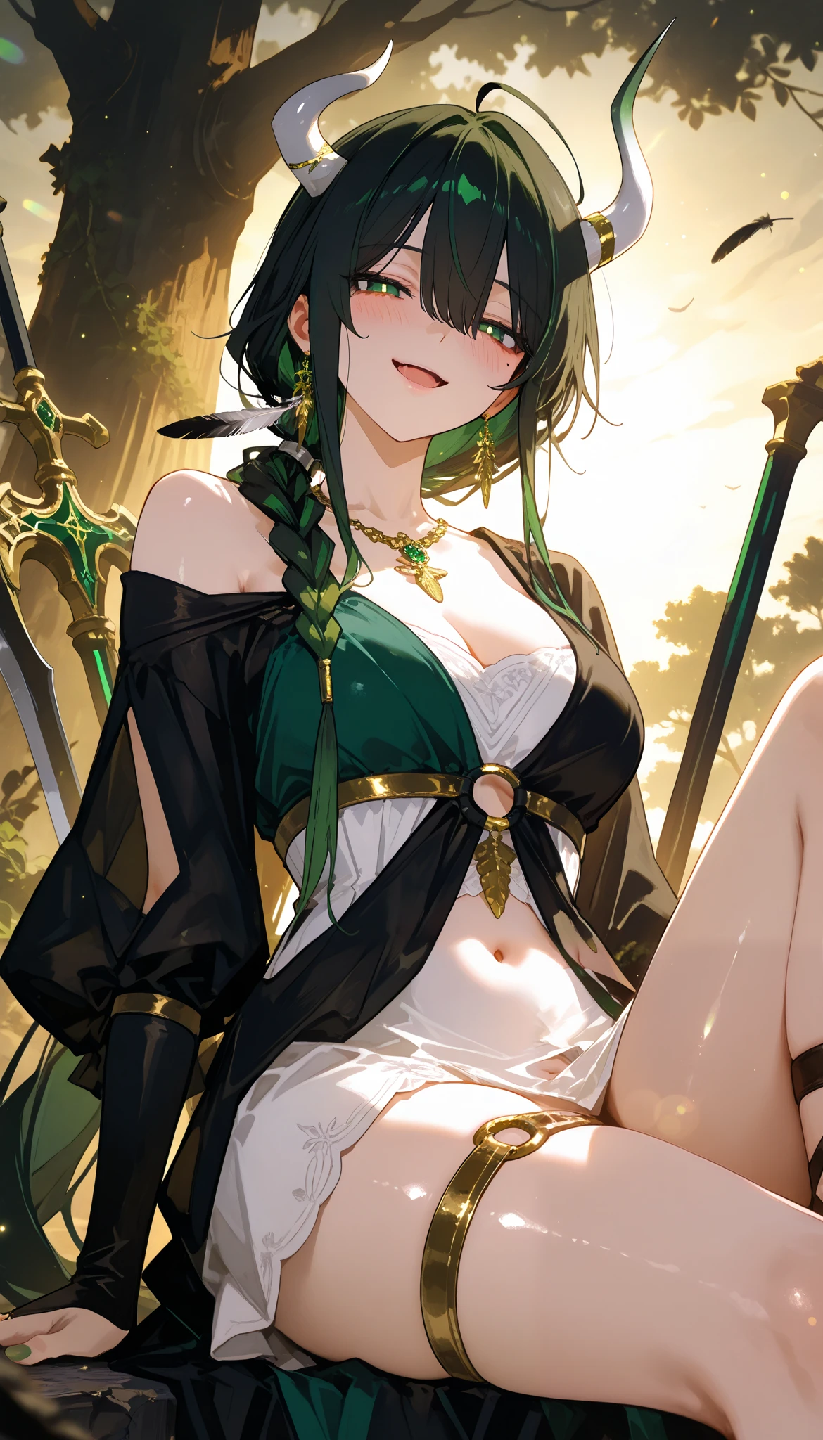 Score_9, Score_8_up, Score_7_up, source_anime, official art,anime artwork,manhwa style, depth of field,blurry foreground,ray tracing,light particles,lens flare,cinematic lighting,absurdres,high details, zodiac-theme taurus, 1girl,solo,adult,mature woman, very long hair, black hair, hair between eyes, Ahoge, long bangs, hair ornament, braid, braided sidelocks, (mole under left eye:1.2), low ponytail on shoulder, green eyes, bright pupils, green nails polish, feathers earrings, feathers necklace, white horn, half-demon horn, broken horn, seductive smile,blush,open mouth, shiny skin,medium breasts,cleavage,collarbone,single bare shoulder,thighs,legs, dress, black and white dress, multicolored dress, gold accents, (o-ring:1.1), cleavage, collarbone, single bare shoulder, midriff, navel, bridal gauntlets, short dress, thigh strap, medieval sandals, medieval world,majestic and massive world tree,a beautiful massive tree,in the ruins,dark atmosphere,mysterious atmosphere,sunrise,outdoors, sitting on the broken throne beside the tree,sensual pose,open legs,legs on level, dual weapon,dual battle-axe with very long handle,dual taurus battle-axe on her side,black and green battle-axe, detailed eyes,beautiful lighting,beautiful shadows, perfect anatomy,perfect body,mature body, (748cmstyle),(m18+,mfant,mgirly),looking at viewer,front view,from side,from below, majestic queen,taurus zodiac queen,wallpaper,
,masterpiece, best quality, newest,