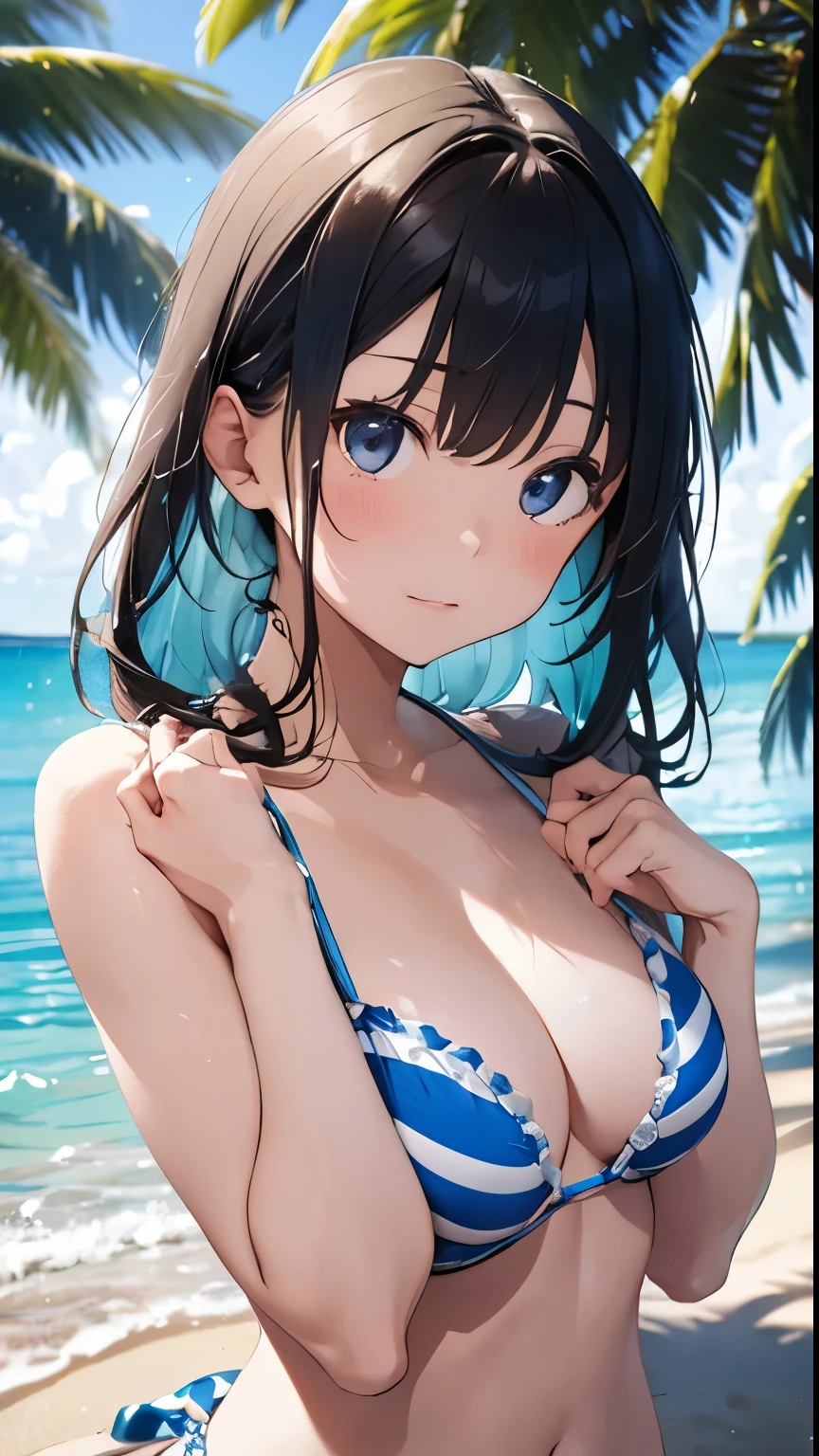 ((masutepiece, Best Quality, hight resolution, nffsw, Perfect Pixel, depth of fields, 4K, )), 1girl in, Solo, Lori, Beautiful anime girl, Beautiful Art Style,
close up, Looking at Viewer,
Perfect body,
yukinoshita yukino,
Full face blush, Smile, Open mouth,
black Ruffled Bikini, front-tie top,
From above, POV,
(incoming hug, incoming kiss),
Upper Eyes,
Summer, ocean,
Focus,
Wet hair, Sweat,