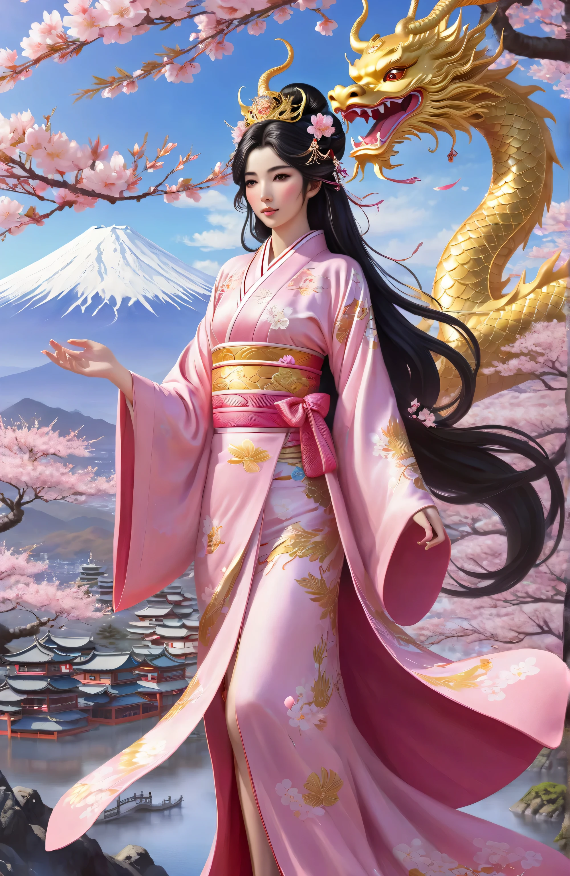 A dark-haired young goddess wearing a pink kimono with a crown and sakura,a Chinese golden dragon,In a cherry blossom landscape , fantasy art, beautiful fantasy empress, Golden lotus princess, beautiful character painting , Magician in the Beautiful Sky, Mount Fuji, guweiz on pixiv artstation