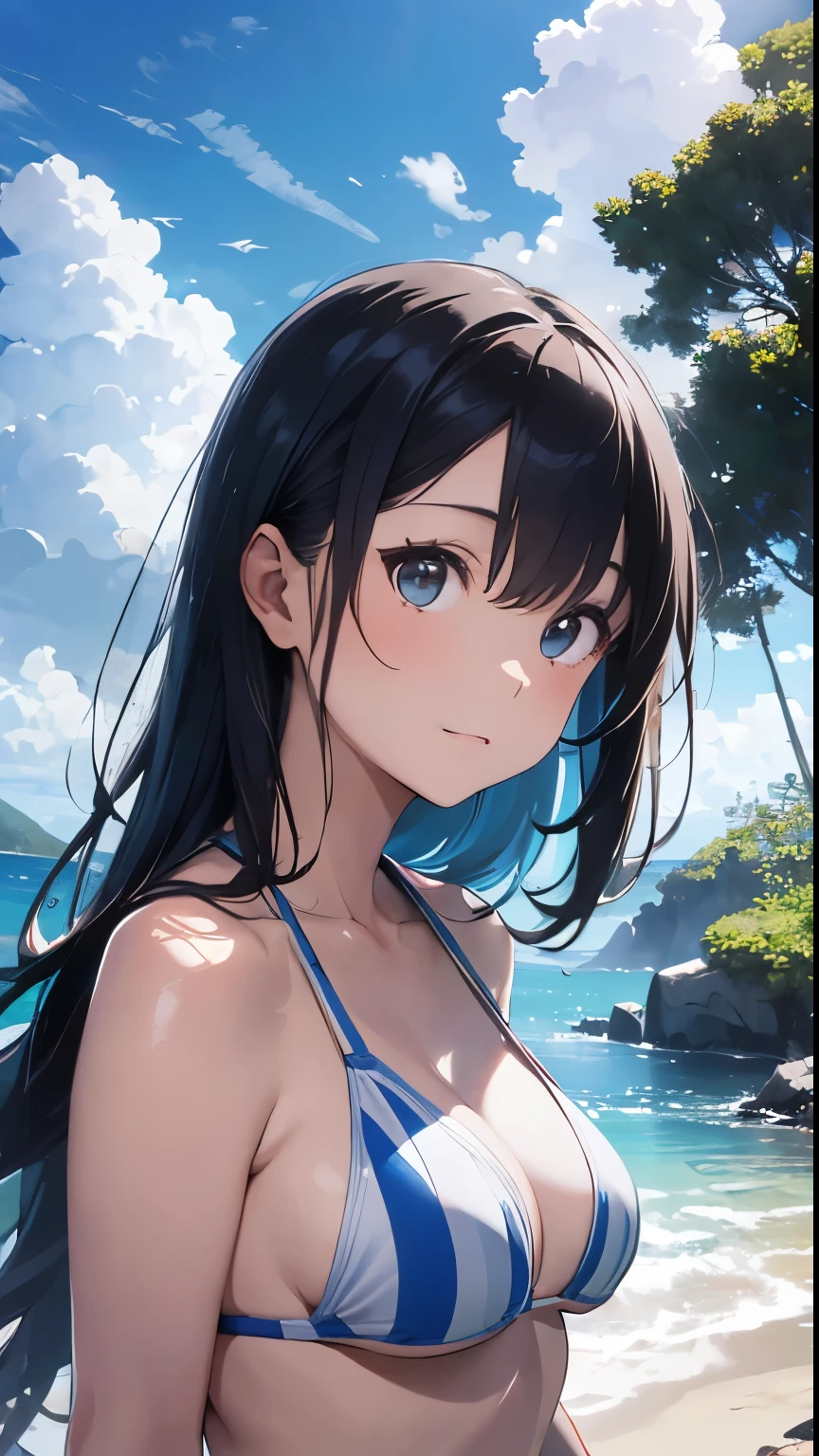 ((Highest quality)), ((masterpiece)), (detailed), ((Japanese)),10 years old, Black Hair,(Childish face), long hair, (Straight Hair), Girl ,Medium Breasts , ((Blue eyes)),half-smile , Sunlight , ((extreme_close_up)) ,Lots of bubbles, Shining Stars, Coast, waterfall, micro bikini, Striped bikini, Showcasing cleavage,