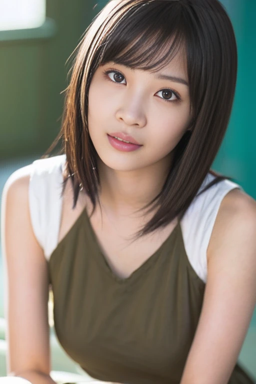Tabletop, Highest quality, figure, Super detailed, In detail, High resolution, 8k wallpaper, Perfect dynamic composition, Beautiful attention to detail, Short-sleeved T-shirt,Medium Hair,Small breasts Natural color Lips, Bold sexy pose,smile,Harajuku、20-year-old girl、cute、sexy shot looking at camera,Narrow Face,Perfect beautiful face and fingers