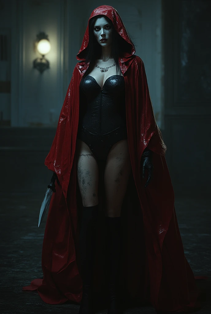 a portrait picture of vampire standing in the front of her home, an exquisite beautiful female vampire in her front door of her home, full body (ultra detailed, Masterpiece, best quality), ultra detailed face (ultra detailed, Masterpiece, best quality), grey skin: 1.3 , blond hair, hair in a ponytail, long hair, blue eyes, cold eyes, glowing eyes, intense eyes, smile with [drops of blood on face] (ultra detailed, Masterpiece, best quality), dark red lips, [vampire fangs], wearing (red: 1.4) dress (ultra detailed, Masterpiece, best quality), (green: 1.4) dark green cloak, (green: 1.3) (green: 1.3) high heeled boots in front of her home,  Cinematic Shot, Cinematic Lighting high details, best quality, 16k, [ultra detailed], masterpiece, best quality, (ultra detailed), full body, ultra wide shot, photorealism, dark fantasy art, moon light coming through the window, moon rays, gothic art, sense of dread, sense of seduction, bloodmagic