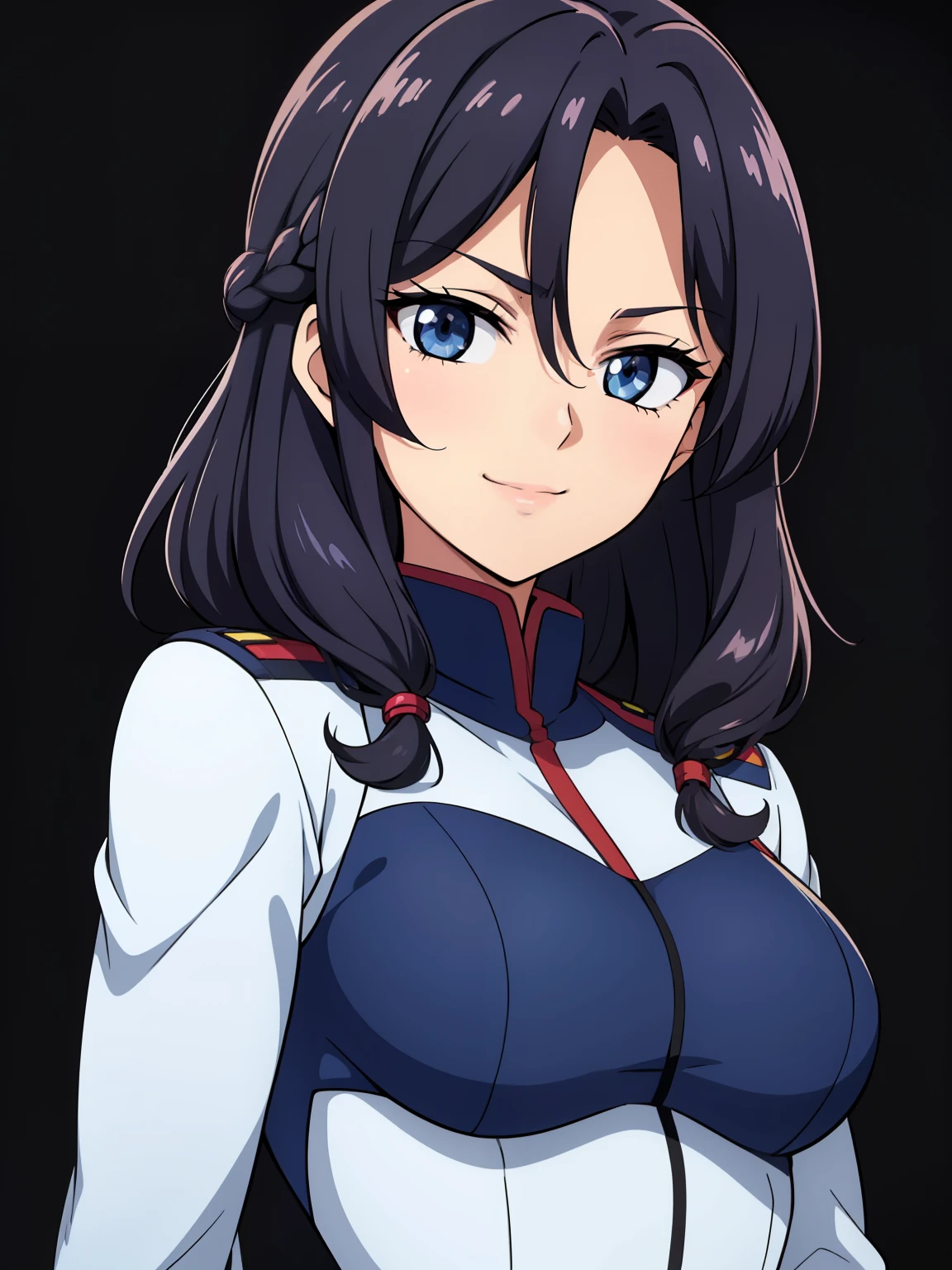 (high-quality, breathtaking),(expressive eyes, perfect face) 1girl, female, solo, dark hair, medium hair length, stylized hairstyle, tied back, blue eyes, cute smile, positive expresion, Gundam artstyle, black background, portrait, symmetrical eyes, pilot, Gundam Iron Blooded Orphans, military uniform, braid, curls hairstyle