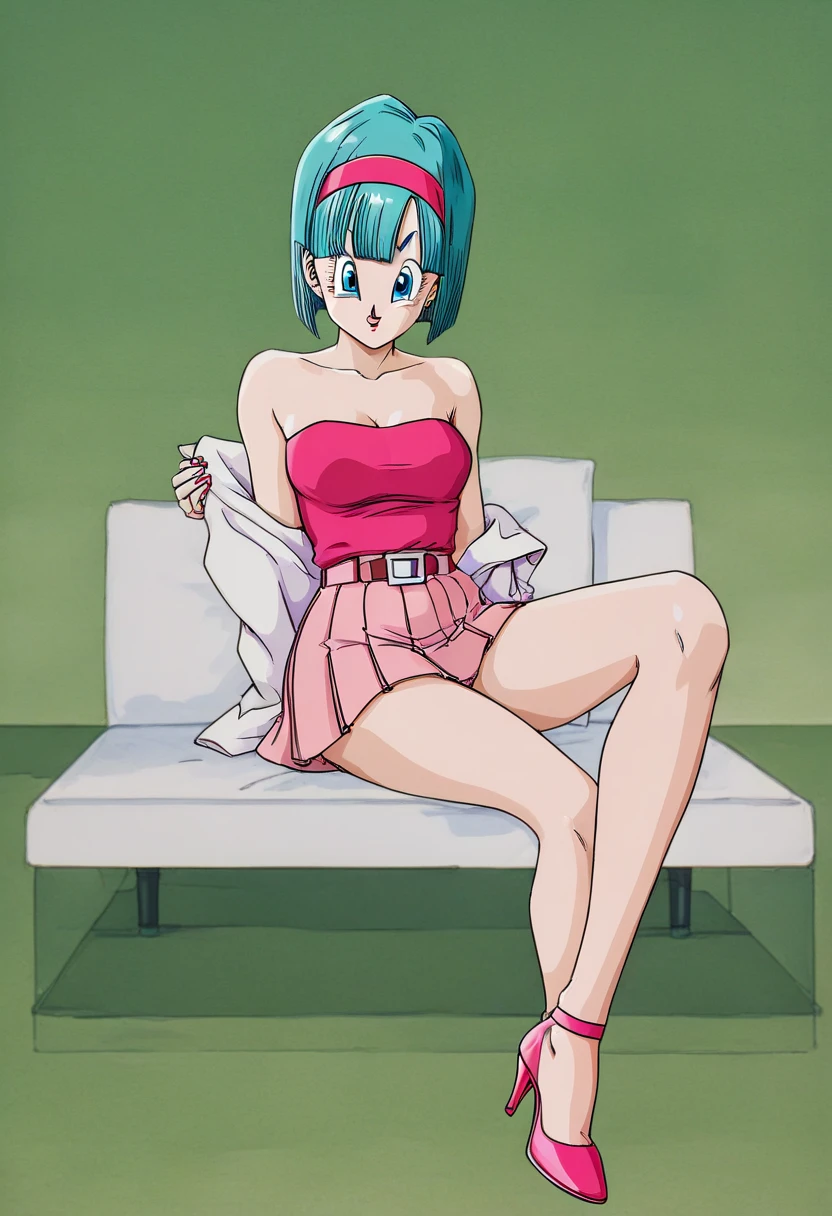 Bulma,  short hair, aquamarine hair, Bob-style cut. Blue eyes,  bare shoulders, strapless,  belt,  medium breasted, pink shirt, Pink mini skirt Pleated skirt ,  sitting on a couch ,  full body,  bare legs , with lace-up heels tied from toe to heel, Curly legs would be ., pechos desnudos. UNCOVERING THE BREASTS .