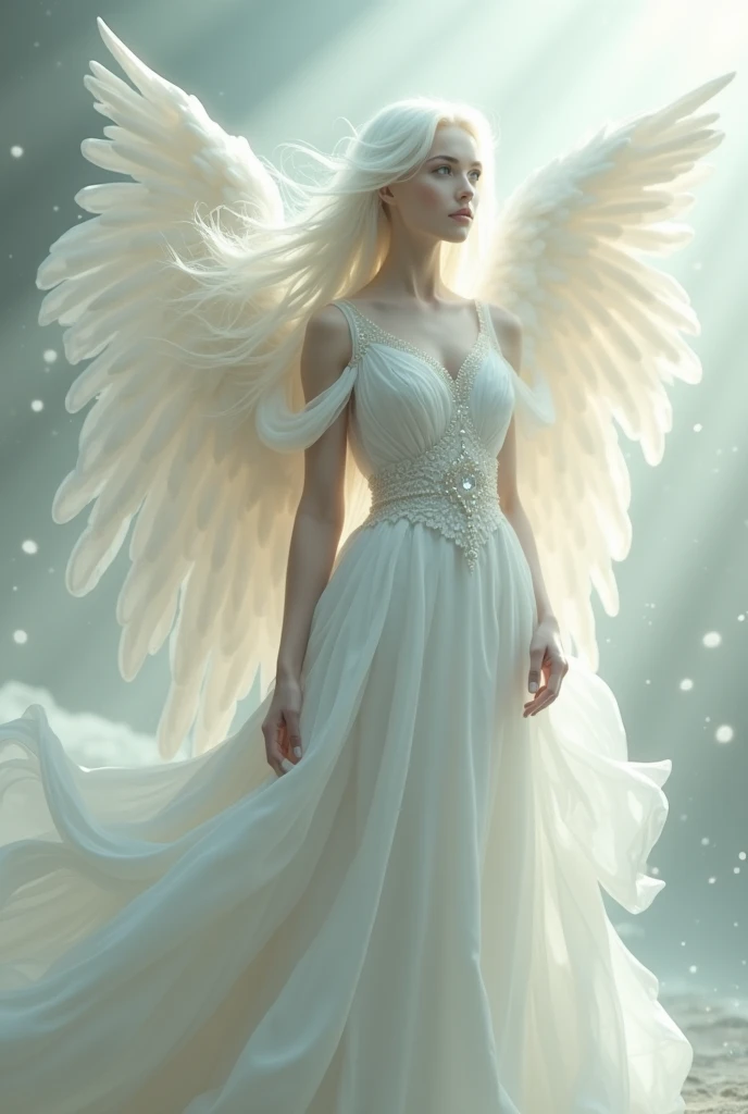 Angel, male, quite tall, his skin pale, neat and even fragile physique, long snow-white hair. He has two pairs of wings, the first pair of wings is small, they cover his white eyes, the second pair is huge wings 4 meters long and wide to the floor. He is dressed in white robes, floor-length.
