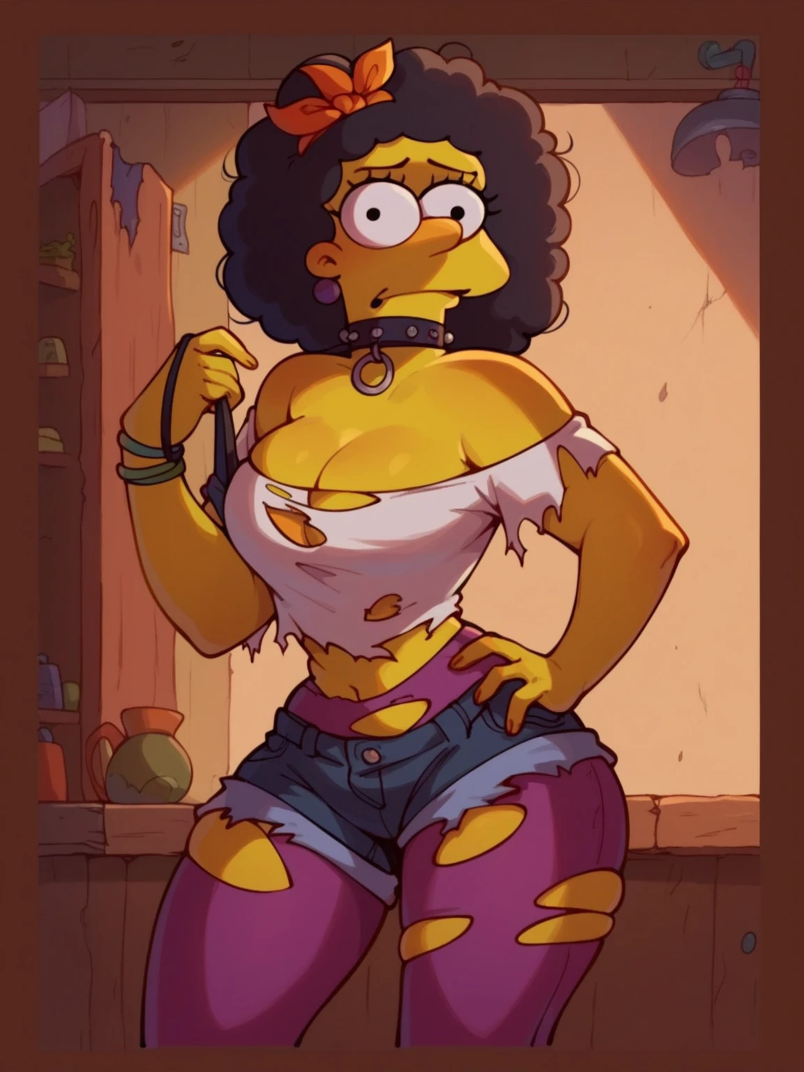 One girl,curly hair, black hair, turquoise_eyes, dark skin,, blushed, ripped clothes, dirty, sweating, flirty face, nipple, wet pussy, NSFW