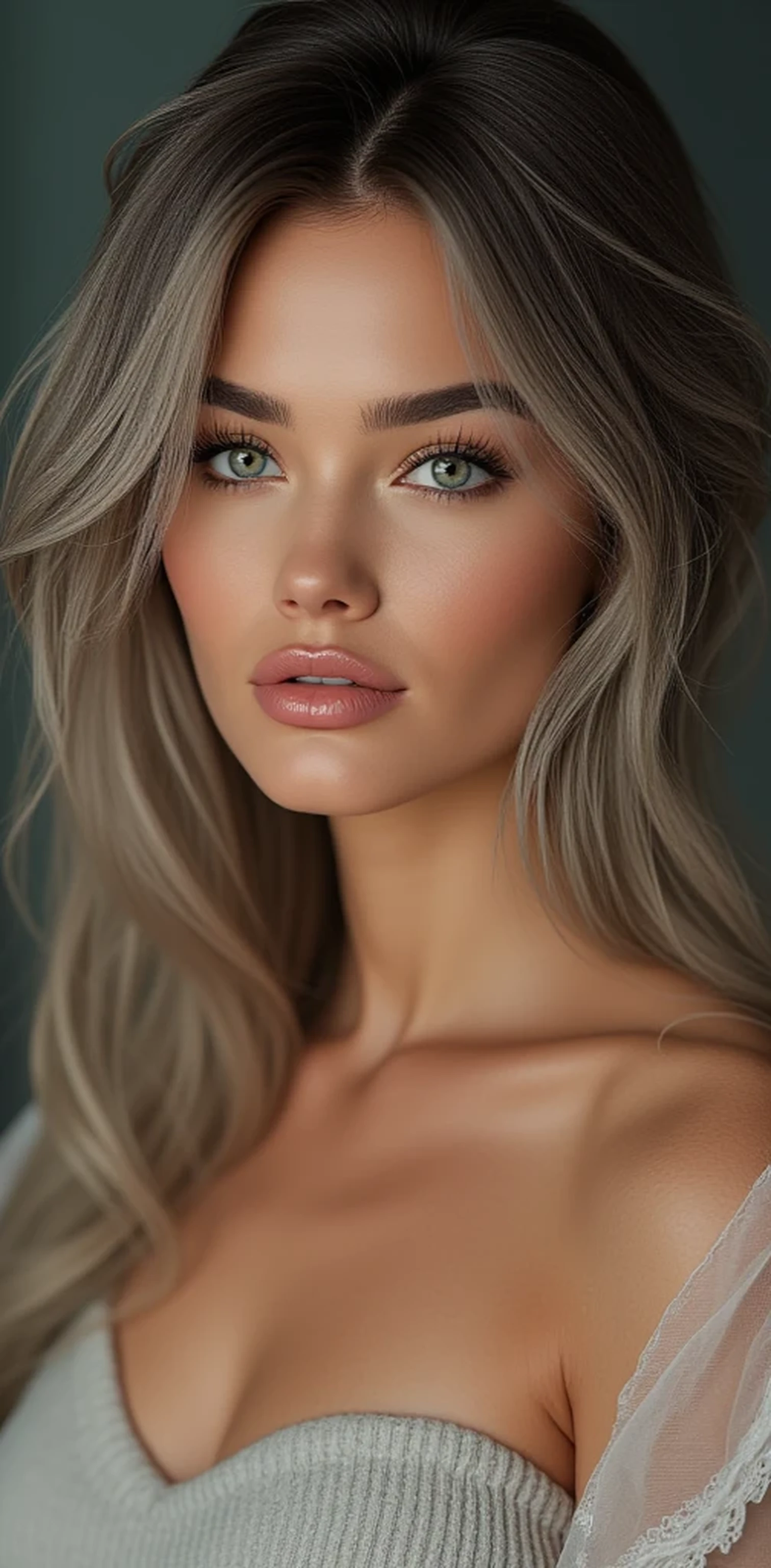 Hyperrealistic female model:
by:
- Color: Dark blonde with silver highlights (#B1B1B1)
- Texture: seeds, with a touch of glitter
- Length : to the waist
- Style : Styled to one side , with a touch of elegance
Eyes :
- Color: Deep blue with green reflections (#032B44)
- Shape: Almond-shaped, tilted
- Size : big, toning
- : Long, Thick
:
- Color: pale, with a warm tone (# f5f5f5 )
- Texture: suave, plain
- Expressive : uniforme, without imperfections
Lips :
- Color: light pink (#FFC5C5)
- Shape: Fleshy, sensual,
- Voluptuous size : medium, provided
Body :
- Silhouette: slim, toned
- Height : 1.75 m ( approximately )
- Weight: 50 kg ( approximately )
- Proportions : Pronounced hips and breasts , defined waist
Face :
- Shape: Oval, soft
- : high cheekbones, small nose, defined eyebrows