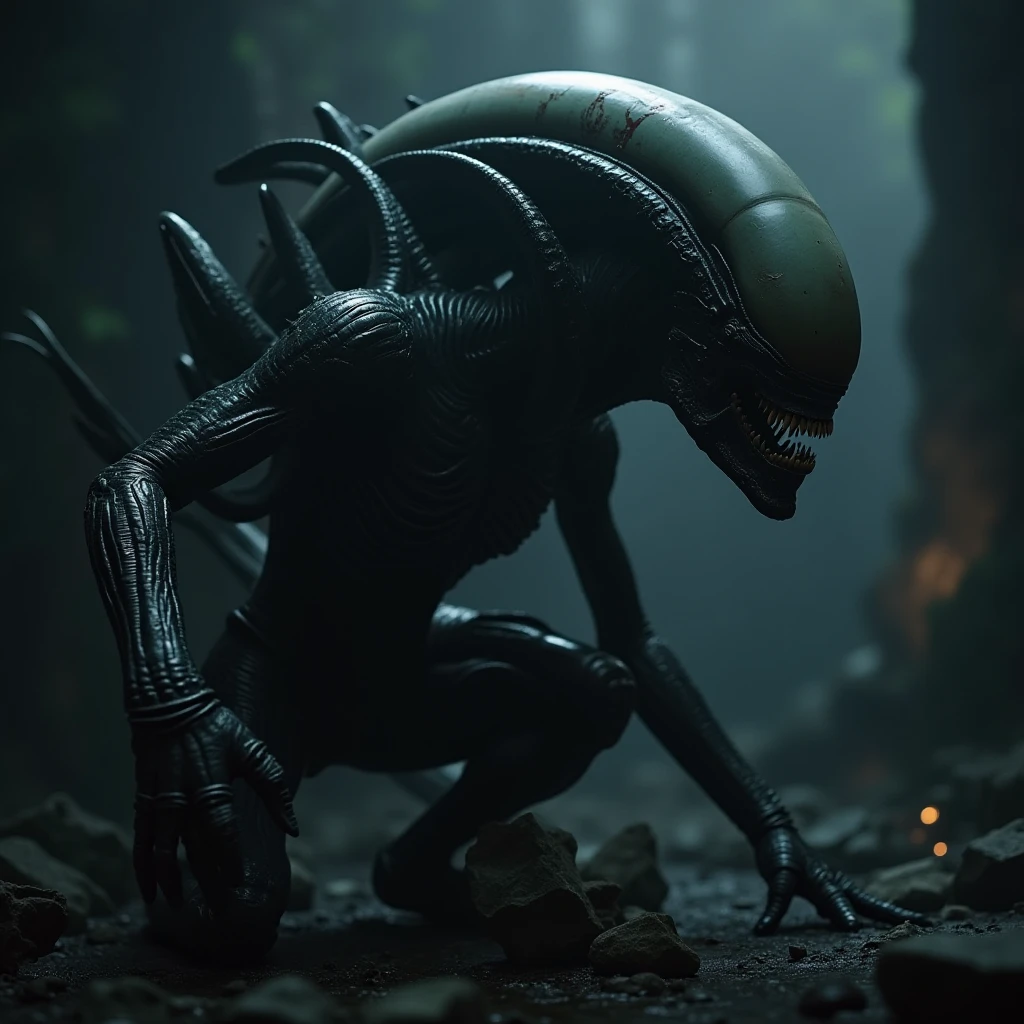 Alien from the movie Alien in a scene where he is in a position as if he is running towards the screen. Make it as detailed as possible, just like the original film..