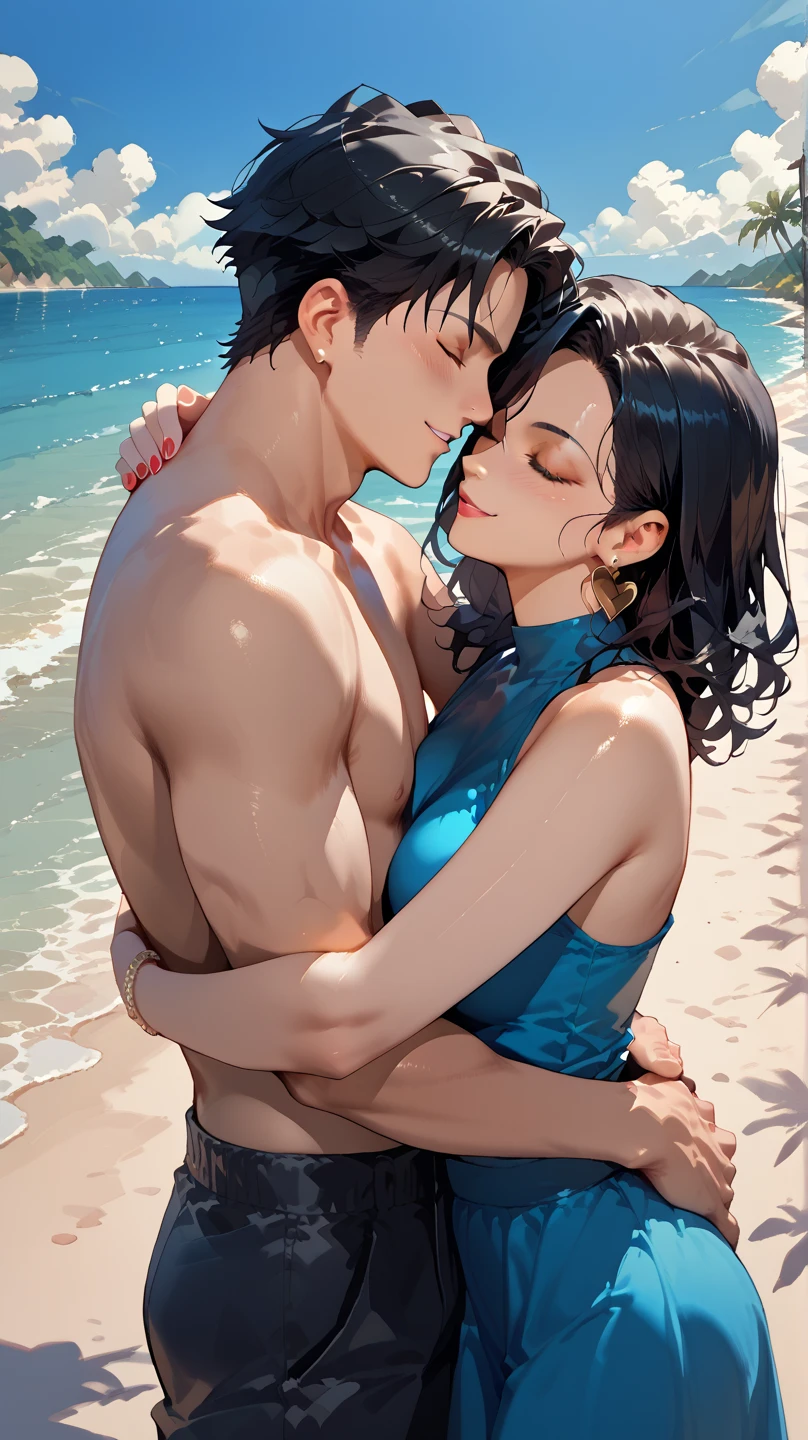 high quality, detailed, Realistic, (two japanese boys), (detailed black eyes), (abs:1.5), (shiny skin), detailed nipples, black hair, (black tiny thong), (erected bulge), summer noon, (smile:0.7), close up face, laying, kissing,
