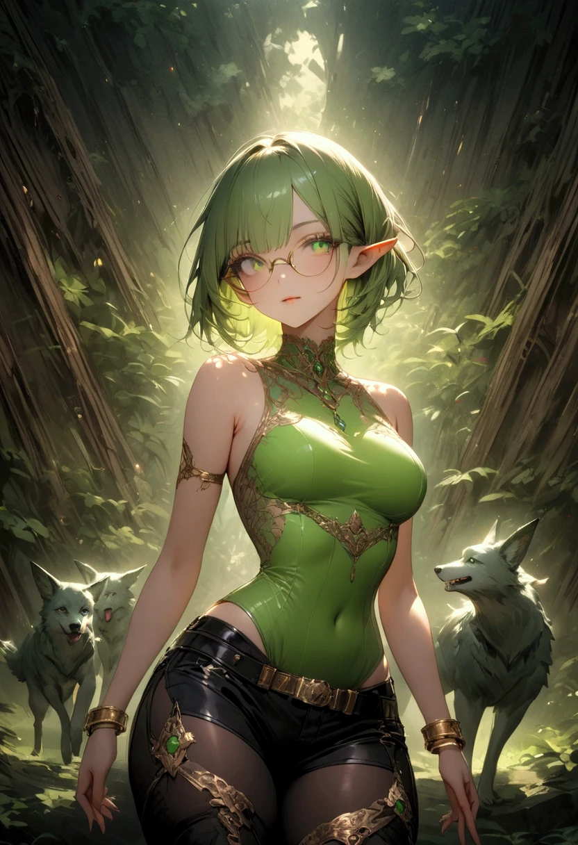 ((realistic: 1.5)),((best quality)), ((masterpiece)),((detailed)), woman, with short green hair, red eyes, eye patch, long legs, curves, small breasts, general's clothes, without exposing the body, wide hips, long eyelashes, sitting on a stone, in the middle of the forest