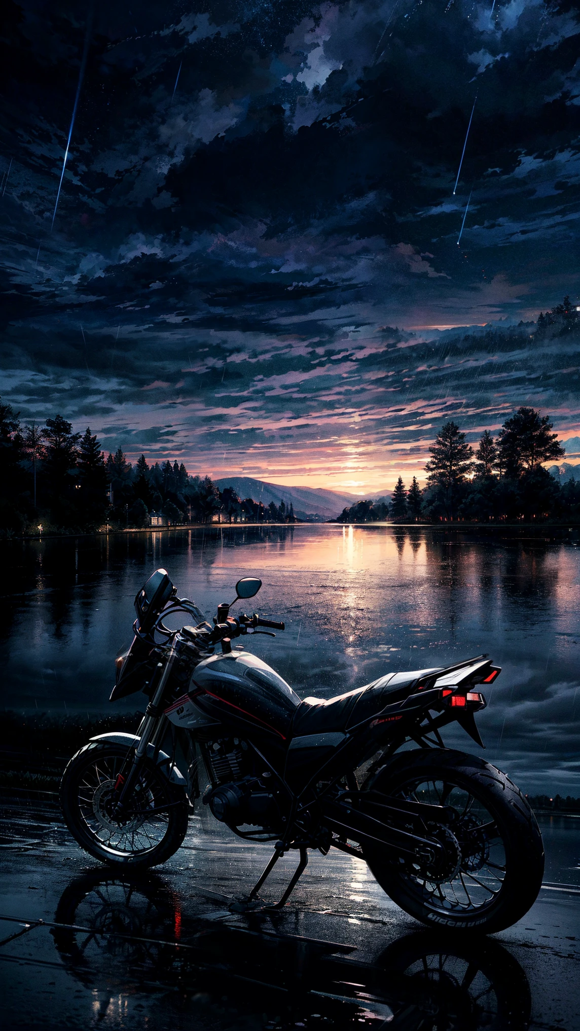 Draw anime 16mm scene of dirt motorbike parked on footbrigdge above lake, raining, dramatic environment, dark evening, cloudy wide open sky, ambient dim light, vibrant colors, peaceful, natural color tones, cloudy sky, beautiful color palette, vibrant saturated colors, masterpiece, no human