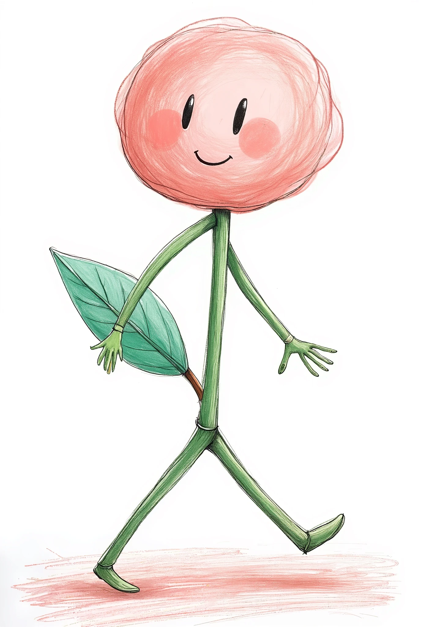 minimalistic style, icon style, cute illustration, stick figure running to the left, head replaced with a simple rose flower with minimal eyes and mouth, body and limbs made of thin, curved branches, soft green and pastel pink colors, smooth and rounded lines, gentle and friendly expression, clean white background, simplistic and playful design, emphasizing minimal and adorable features