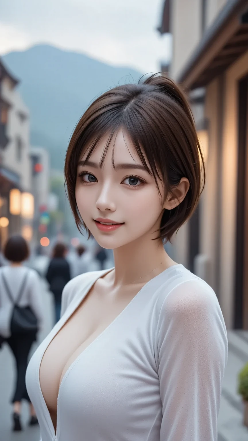 8k,Highest quality,(masterpiece:1.2),(Realistic),(Realistic:1.37),Ultra-high resolution,1 female college student,city,smile,Beautiful Eyes,(((Cute casual clothes))),Big Breasts,Perfect body,Perfect Fingers,Professional Lighting,gravure,Detailed face and skin texture,fine grain,RAW Photos